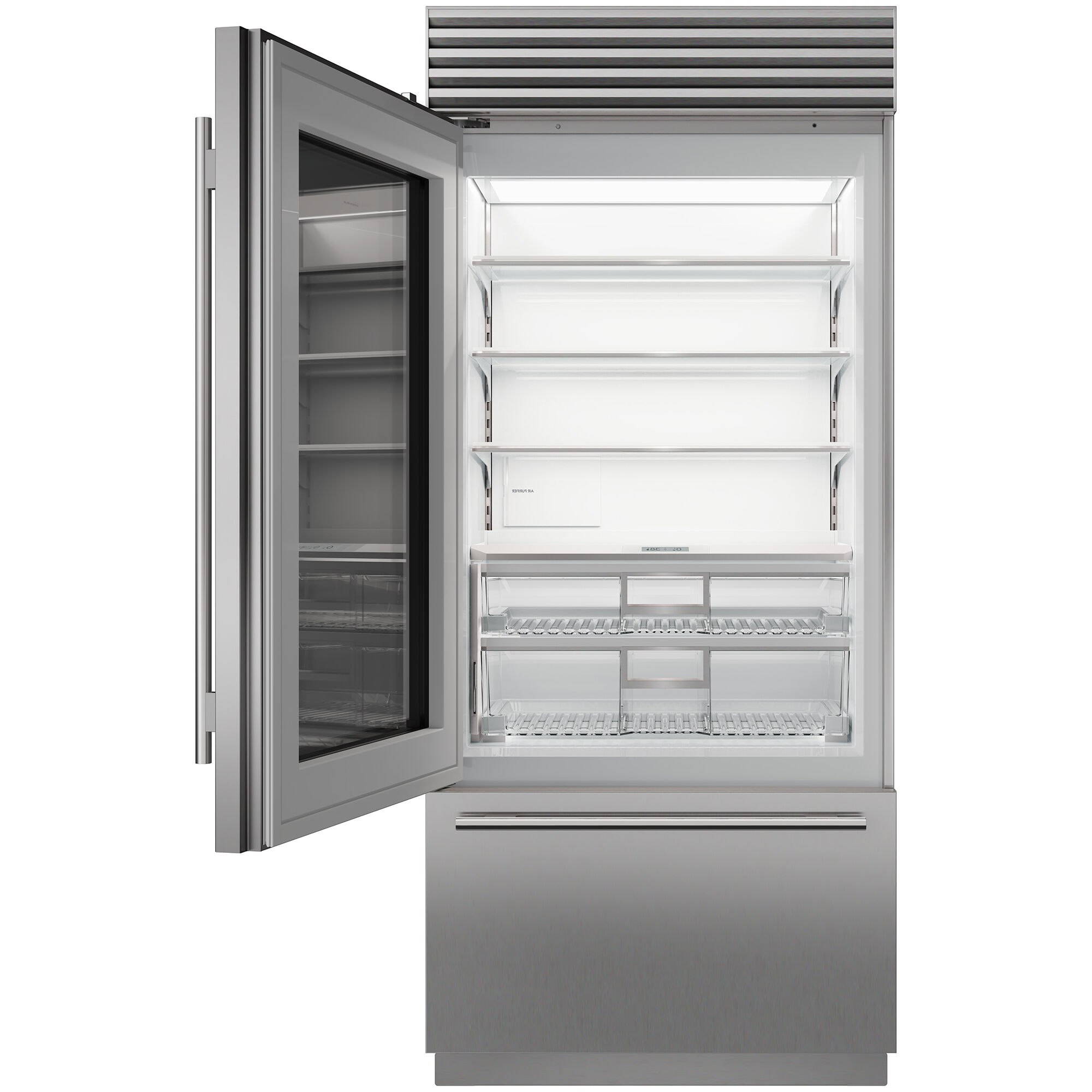 Interior view of Sub-Zero CL3650UGSPL showing adjustable shelving, crisper drawers, and LED lighting.