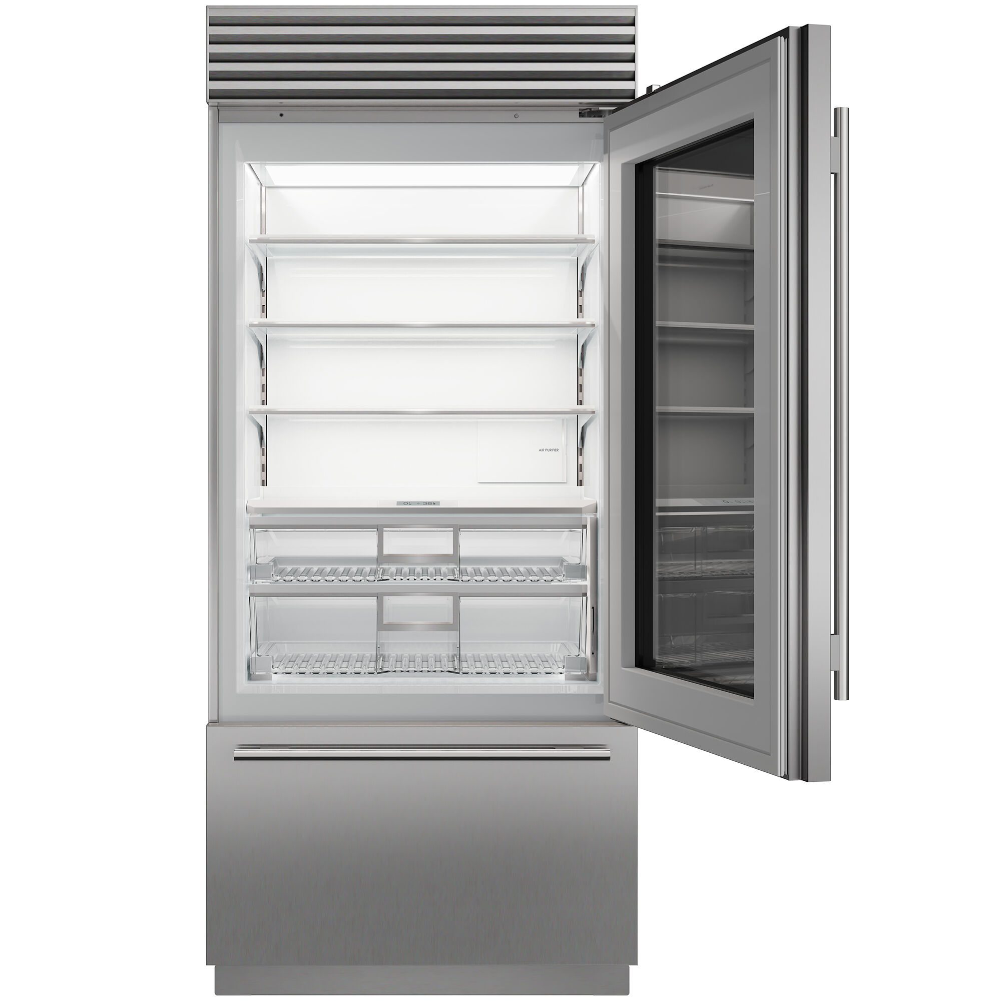 Interior view of Sub-Zero CL3650UGSPR showing adjustable shelving, crisper drawers, and LED lighting.