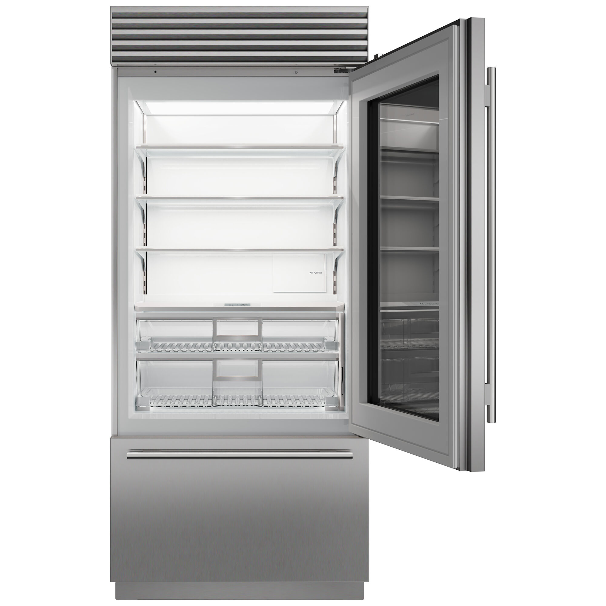 Interior view of Sub-Zero CL3650UGSTR showing adjustable shelving, crisper drawers, and LED lighting.