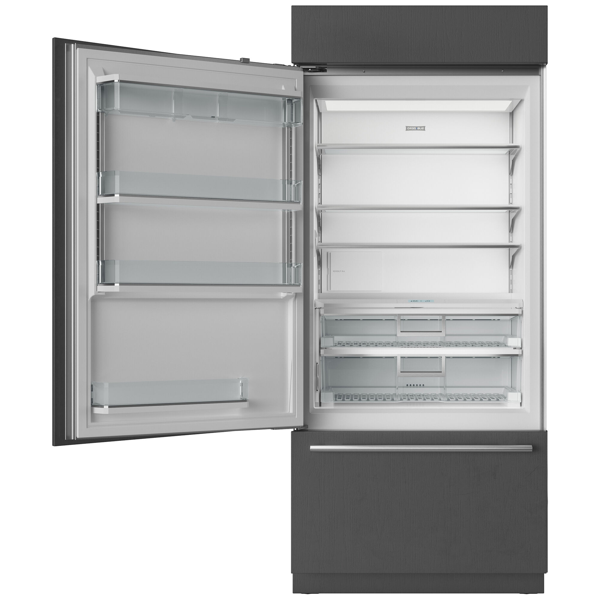Interior view of Sub-Zero CL3650UIDOL showing adjustable shelving, crisper drawers, and LED lighting.
