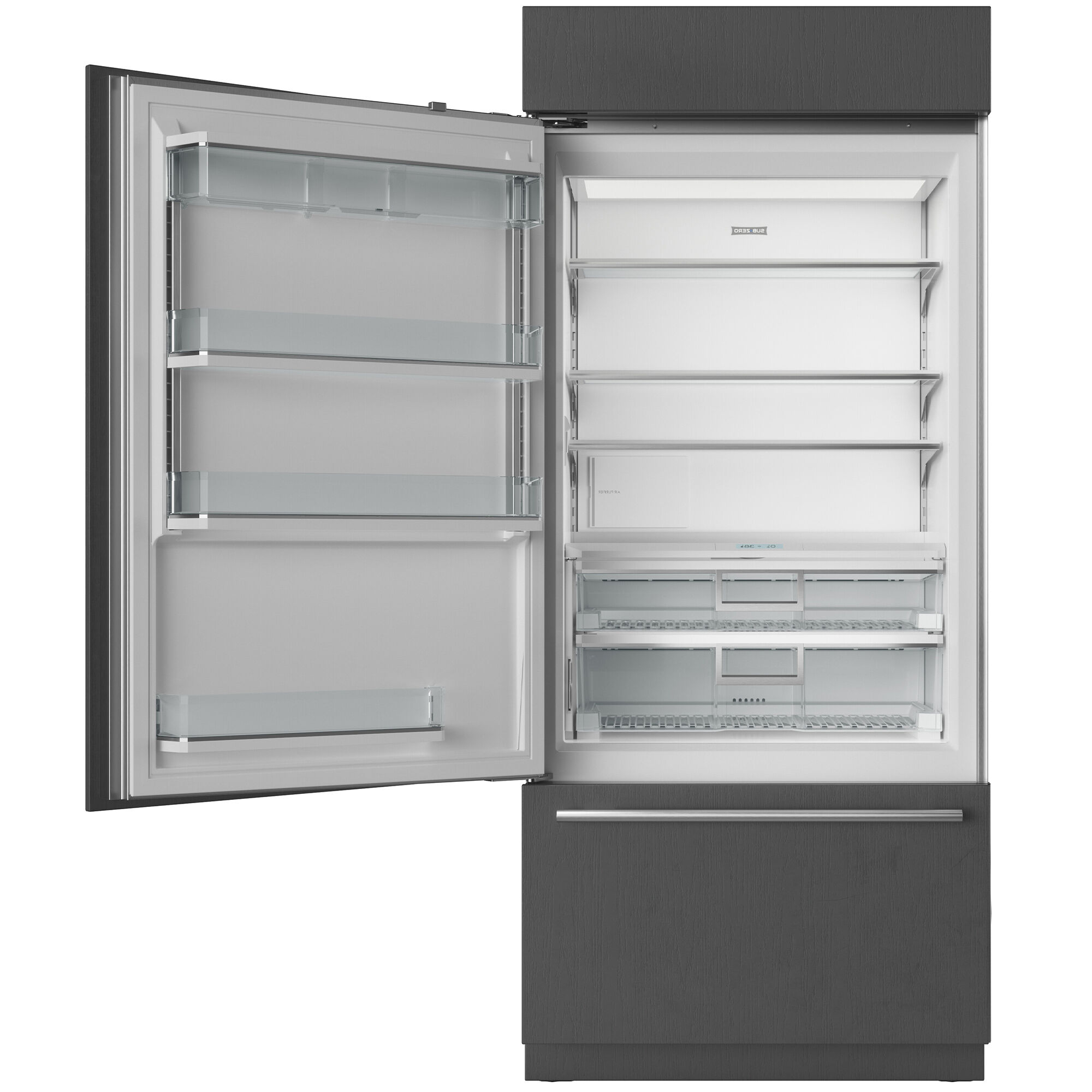 Interior view of Sub-Zero CL3650UIDSPL showing adjustable shelving, crisper drawers, and stainless steel interior finish