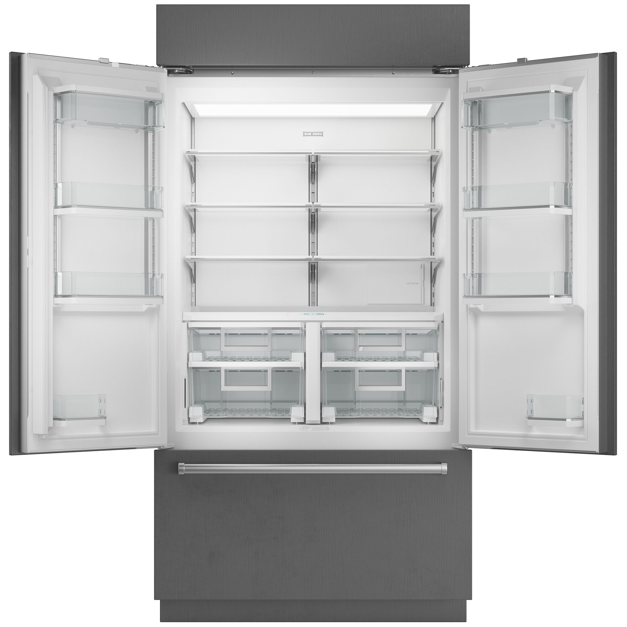 Interior view of upper portion of Sub-Zero CL4250UFD-O showing the refrigerator shelving and crisper drawers, along with its door bin storage.