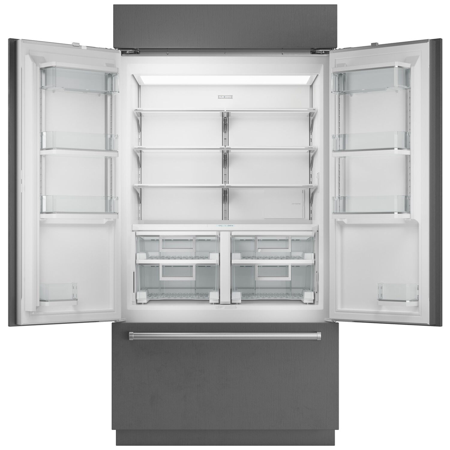 Interior view of Sub-Zero CL425UFDIDST refrigerator showing glass shelves, crisper bins, and door bins.