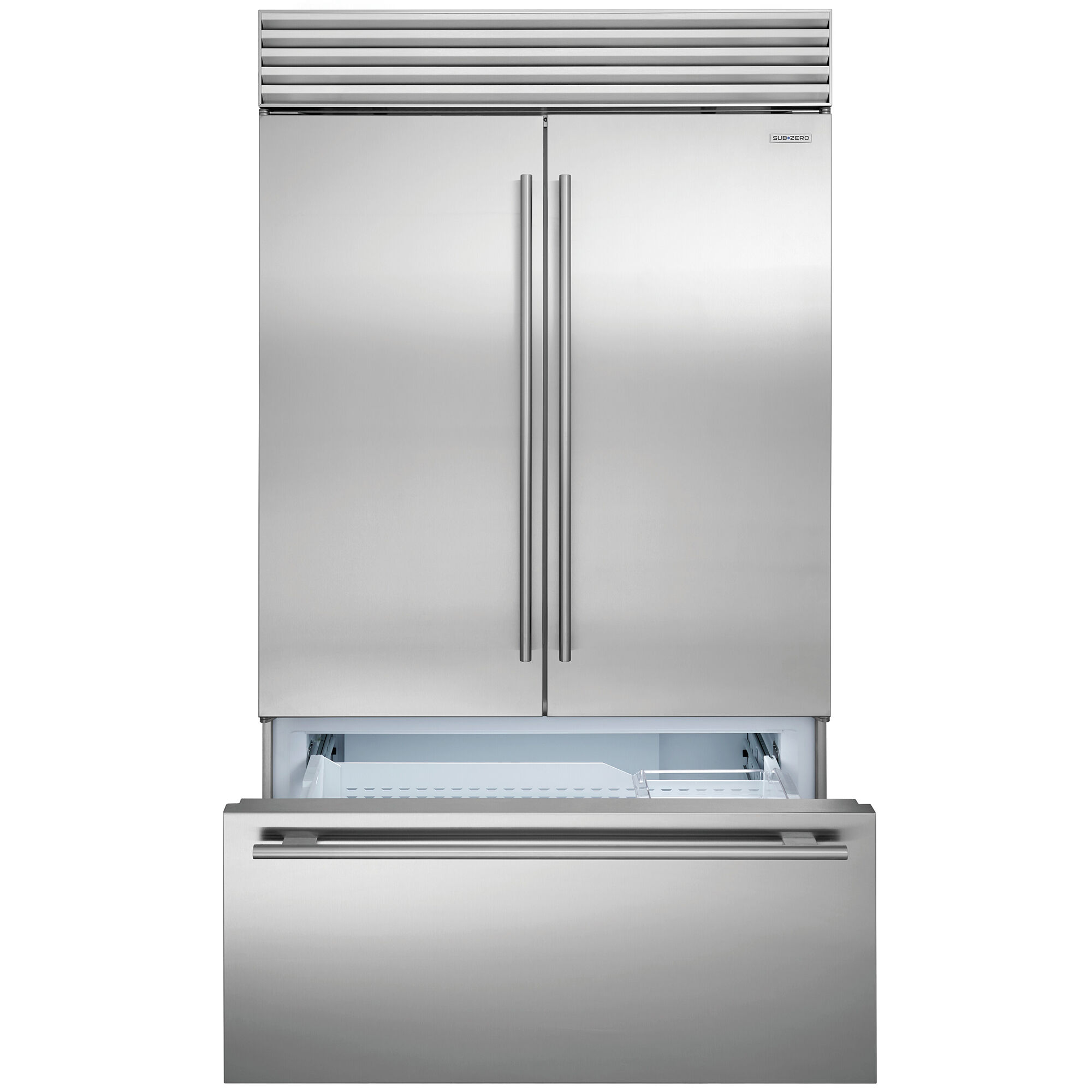 Interior view of Sub-Zero CL4850UFDST showing ClearSight LED lighting, adjustable shelving, and spacious door bins