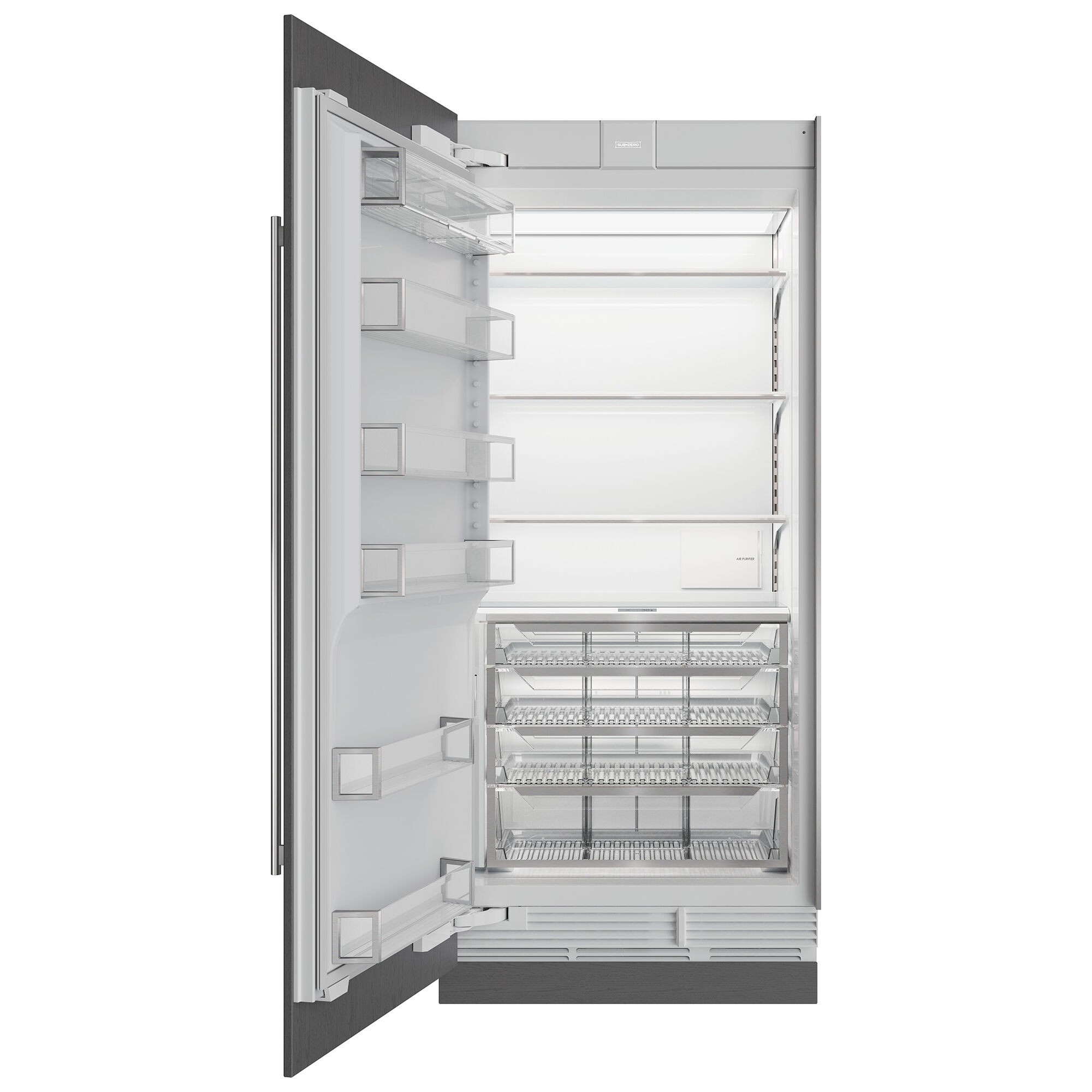 Interior view of Sub-Zero DEC3650R-L showing adjustable glass shelving, full-extension crisper drawers, and door bins