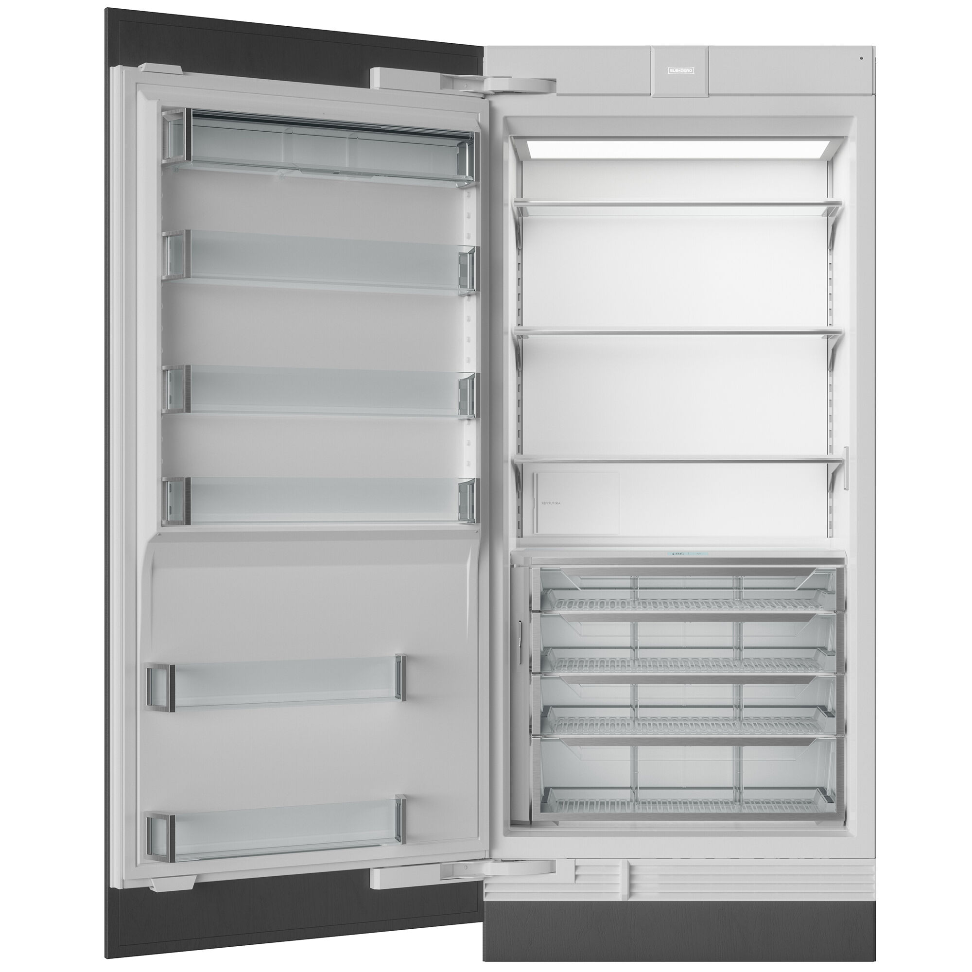Interior view of Sub-Zero DEC3650RID-L showing adjustable shelving, interior water dispenser, and organized fresh food storage