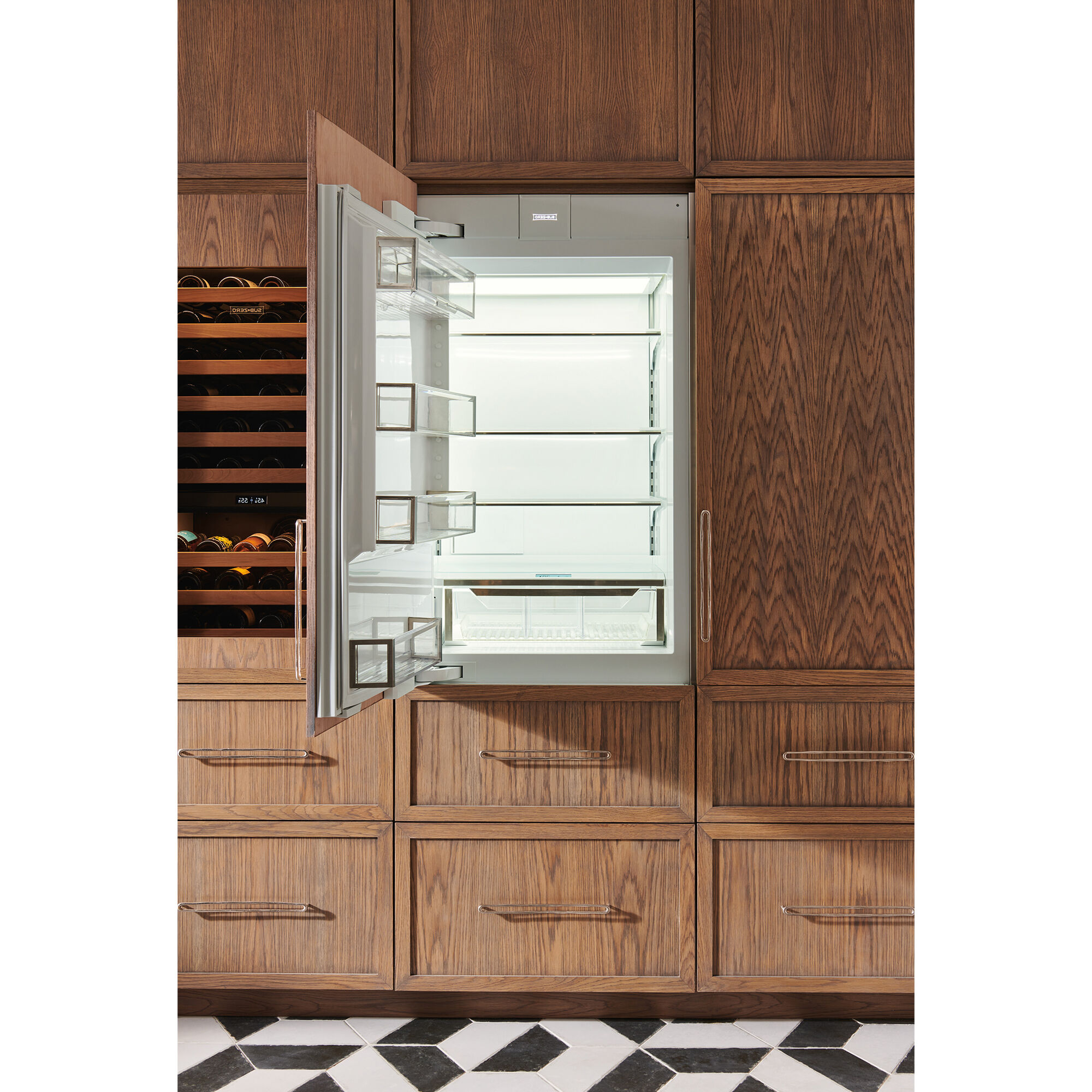 Interior view of Sub-Zero DET3050R-R showing adjustable shelving and interior LED lighting