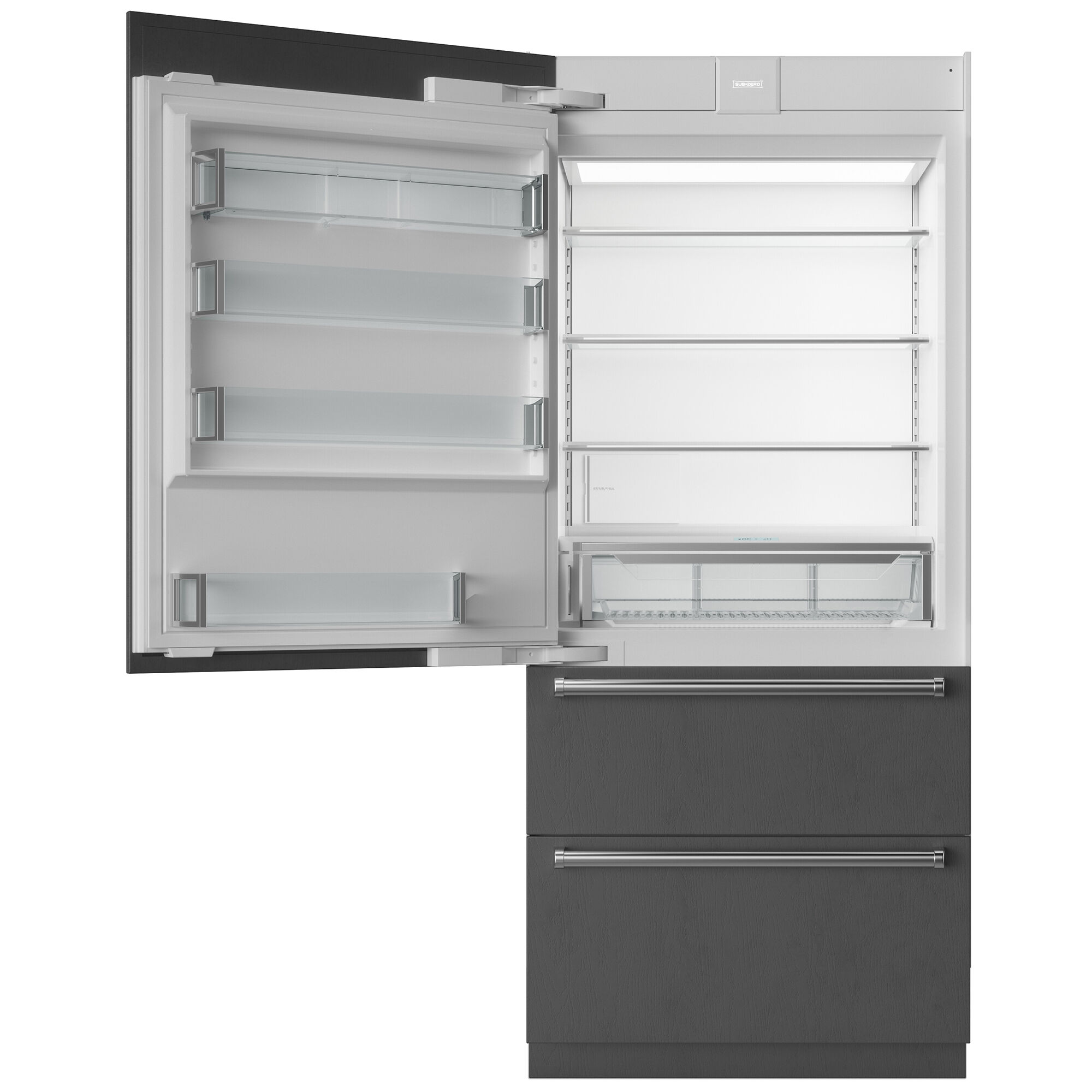 Interior view of Sub-Zero DET3650R/L showing adjustable shelving and ClearSight LED lighting