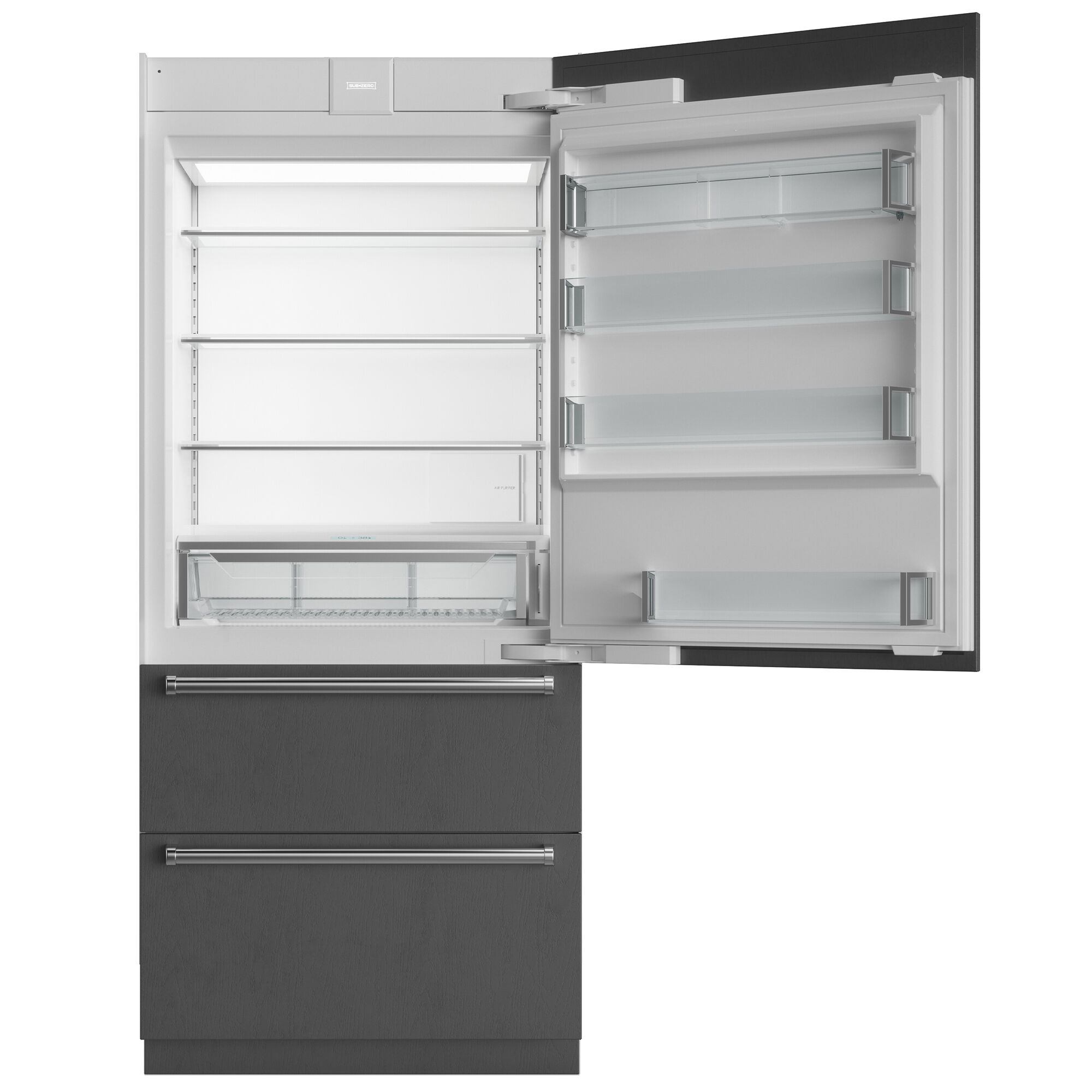Interior view of Sub-Zero DET3650R/R showing adjustable shelving and ClearSight LED lighting