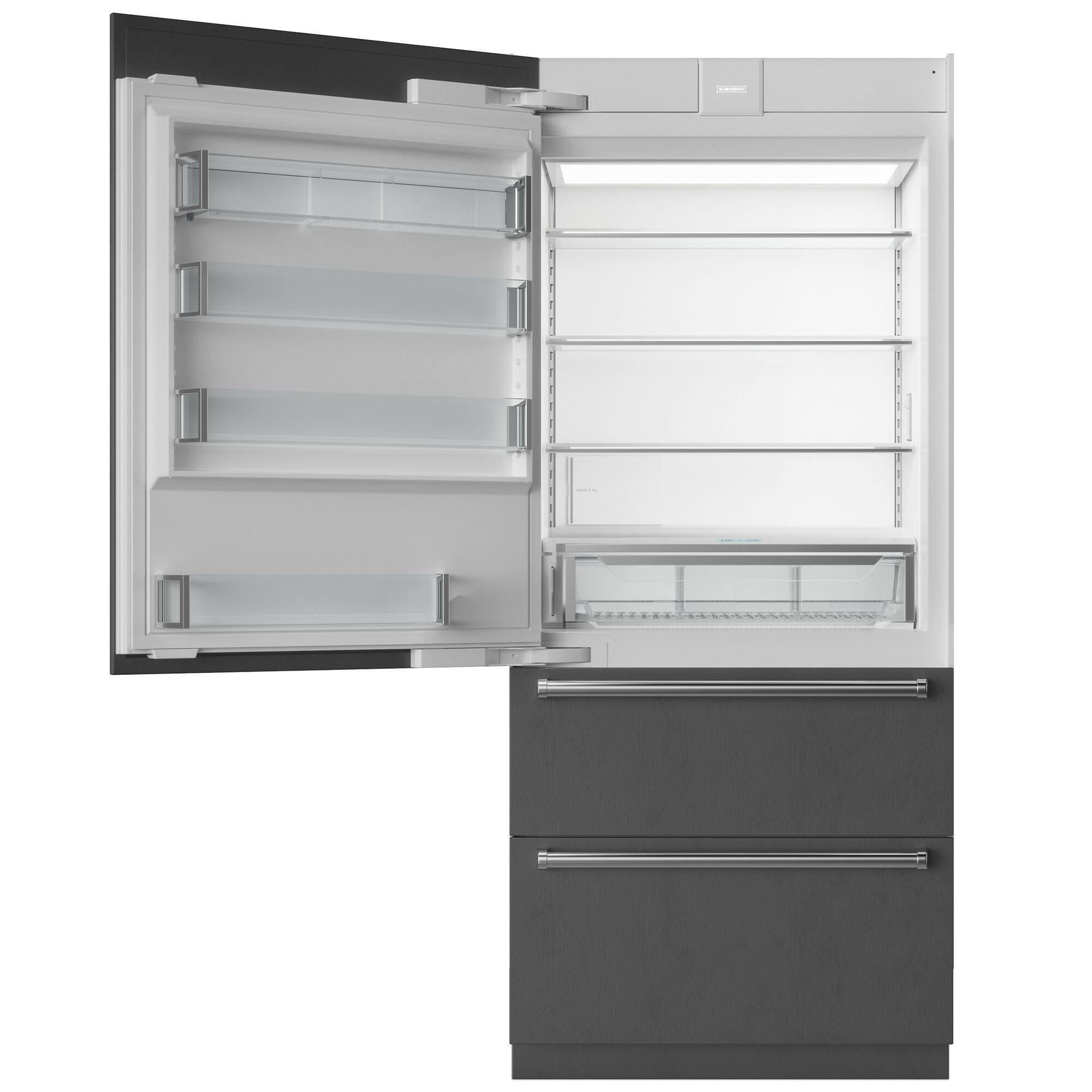 Interior view of Sub-Zero DET3650RID/L showing adjustable glass shelving, ClearSight LED lighting, and internal filtered water dispenser