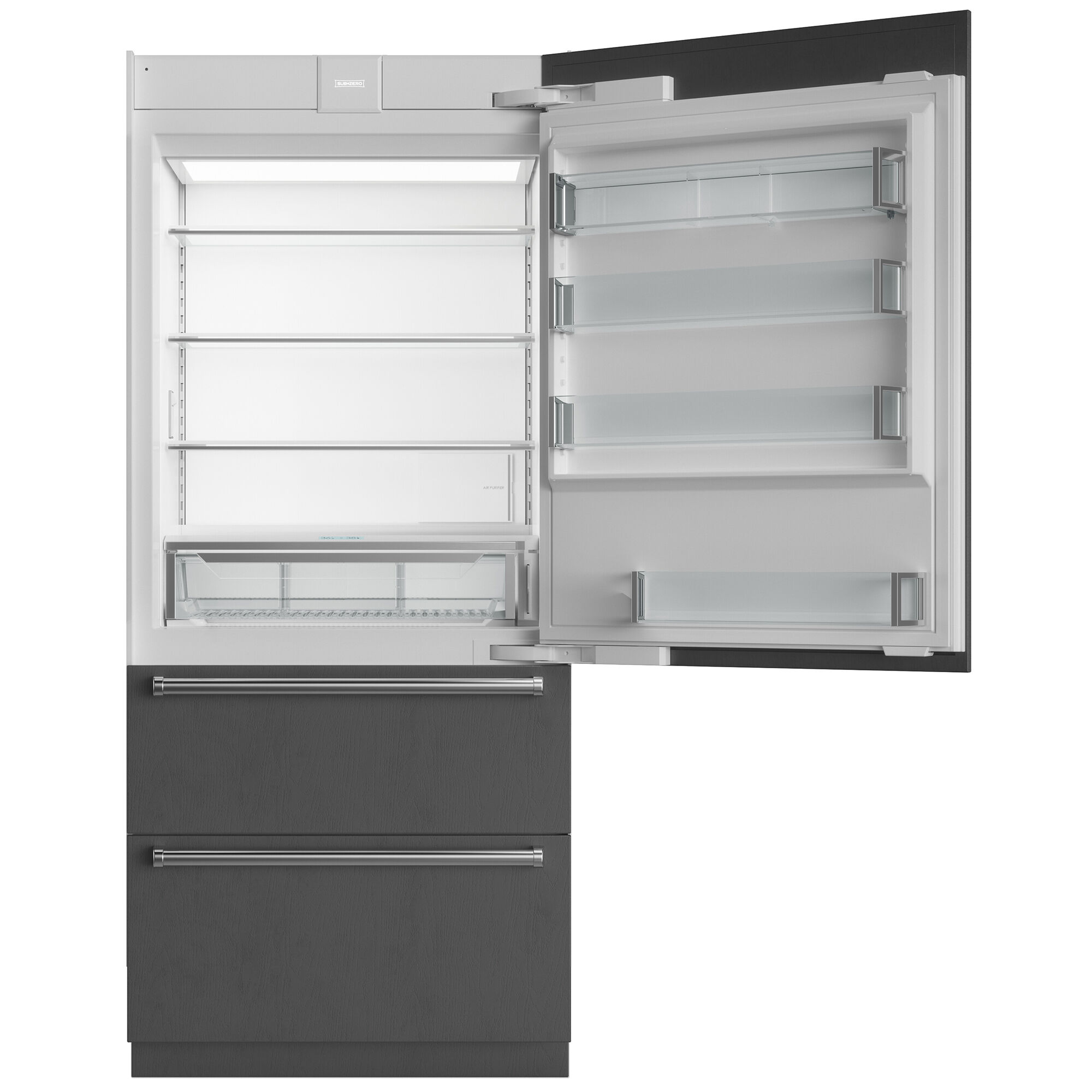 Interior view of Sub-Zero DET3650RID/R showing adjustable glass shelving, ClearSight LED lighting, and internal filtered water dispenser