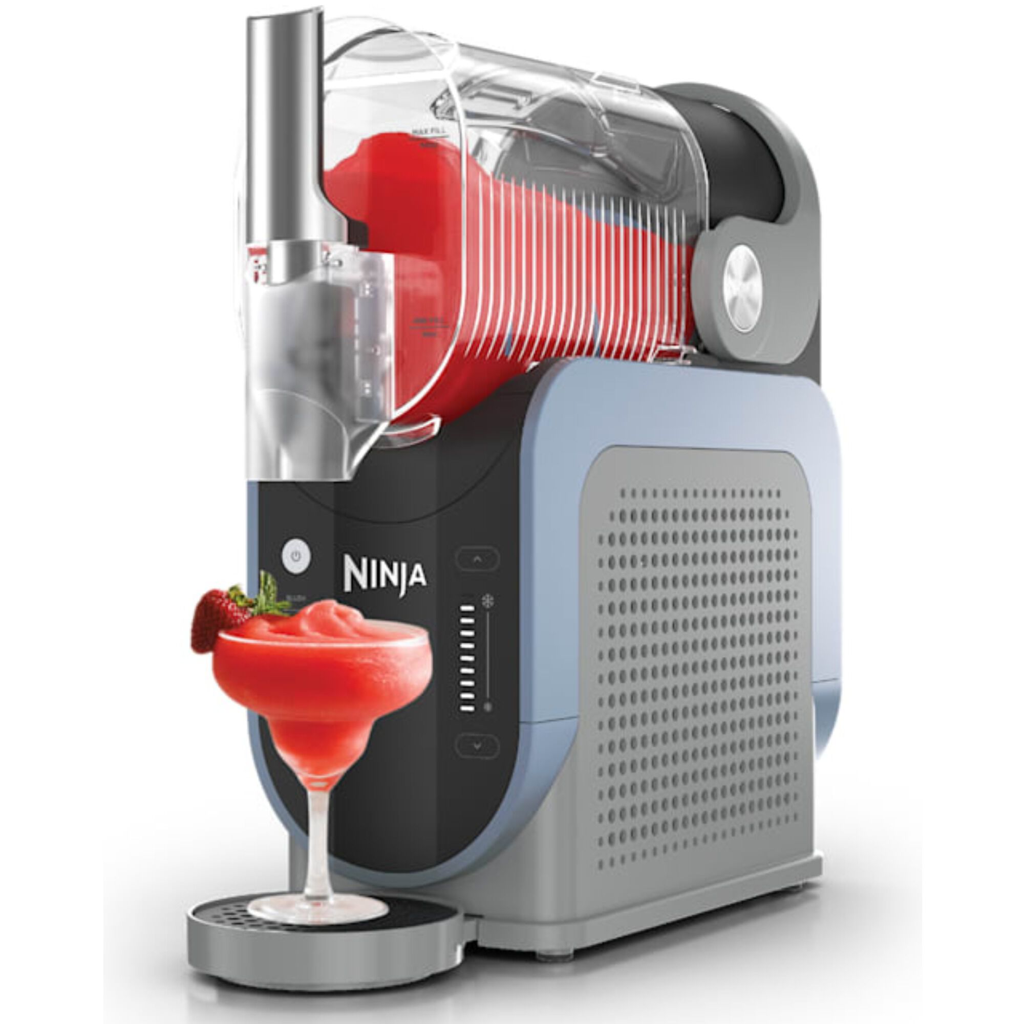 Ninja SLUSHi Professional Frozen Drink Maker FS301 in Arctic Blue and Gray, shown from the front with the 88-oz vessel and anti-drip spout visible