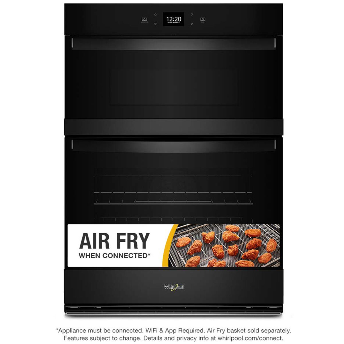 Whirlpool WOEC5027LB 5.7 cu. ft. Smart Combo Wall Oven with Air Fry when connected to the Whirlpool app in black finish, shown on white background.