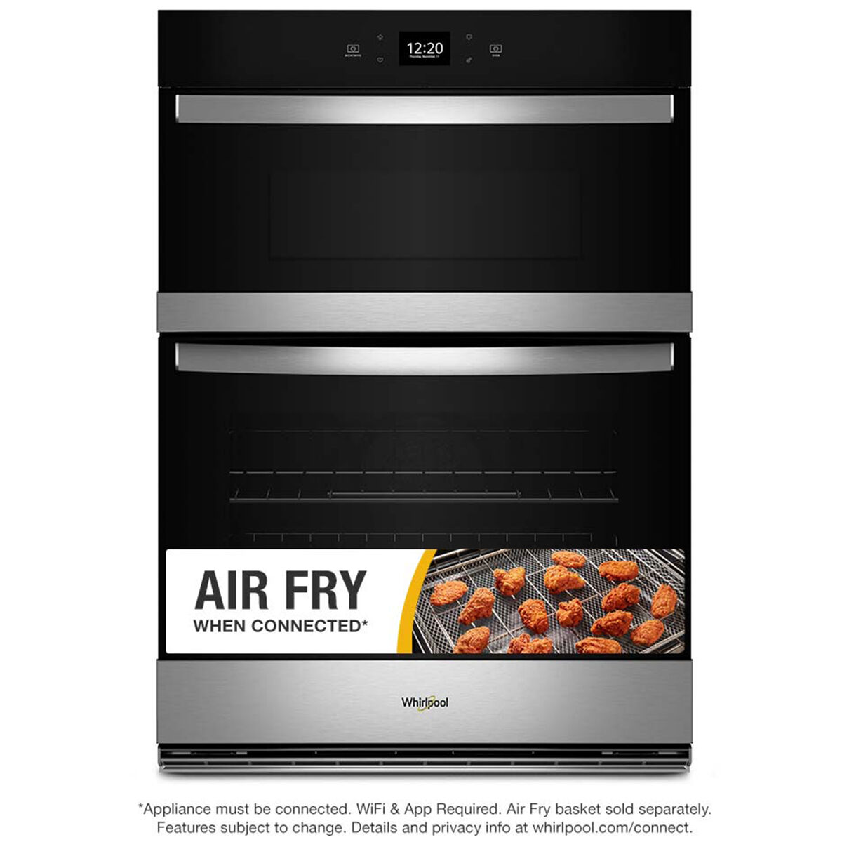 Whirlpool WOEC5027LZ 5.7 cu. ft. Smart Combo Wall Oven with Air Fry when connected to the Whirlpool app in fingerprint resistant stainless steel finish, shown on white background.