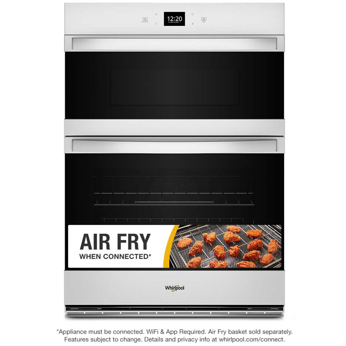 Whirlpool WOEC5030LW 6.4 cu. ft. combo wall oven with microwave in white finish noting Air Fry feature, shown on white background.