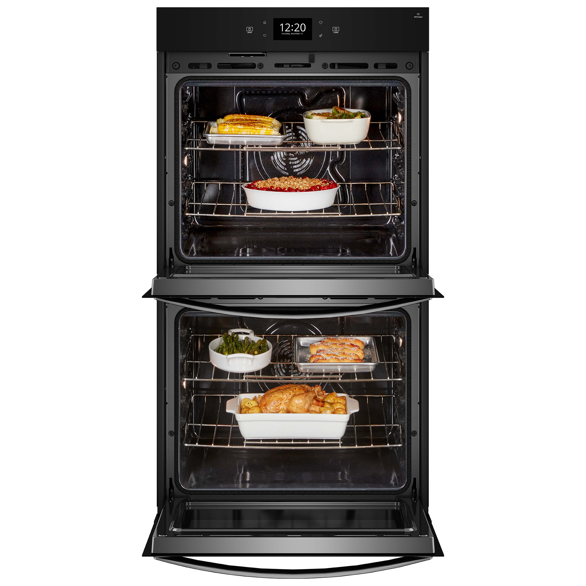Whirlpool double wall oven interior showing even heat distribution for frozen dish cooking with Frozen Bake Technology.