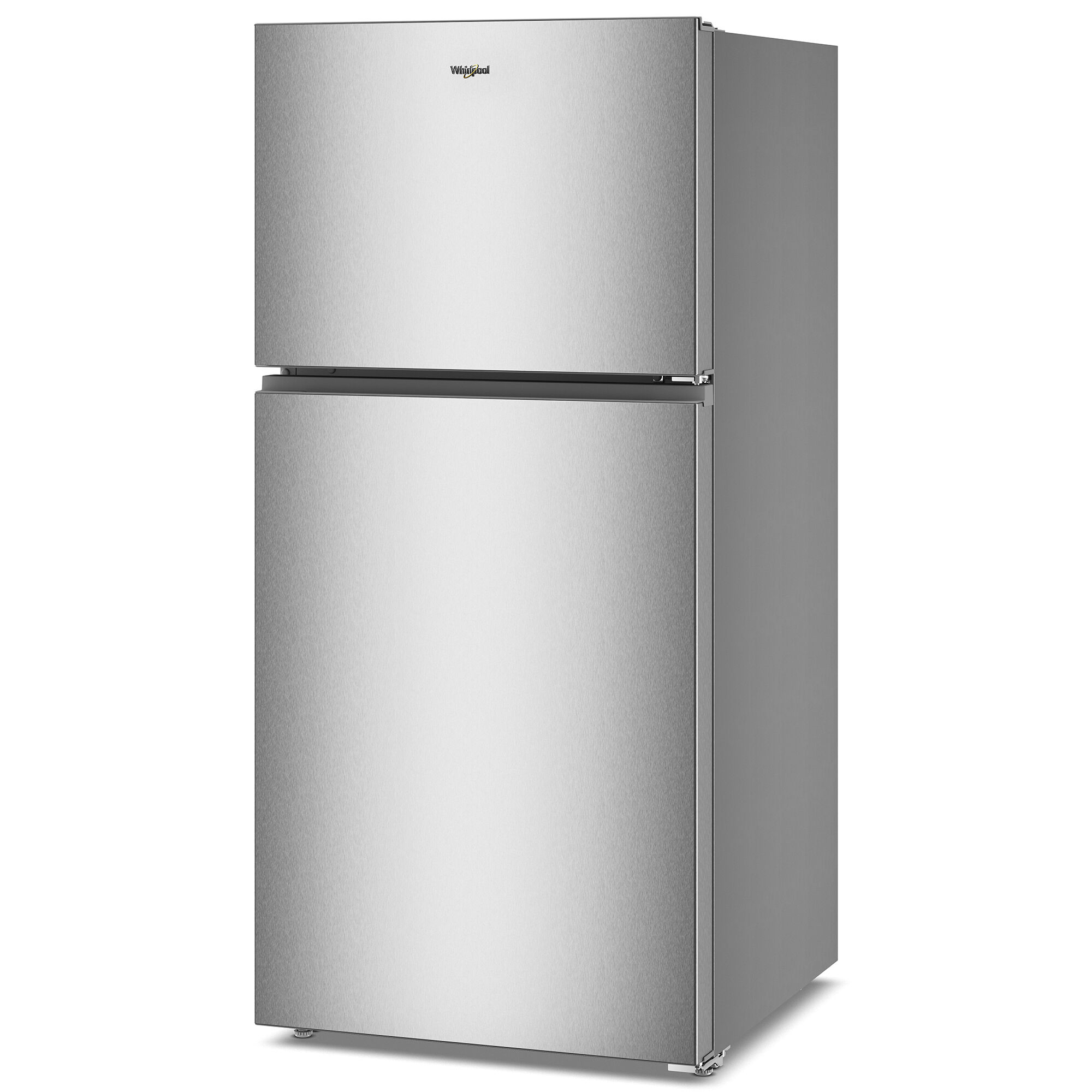 Close-up of the fingerprint resistant stainless steel exterior of the Whirlpool WRTX5519SZ refrigerator showing a clean, smudge-free surface.