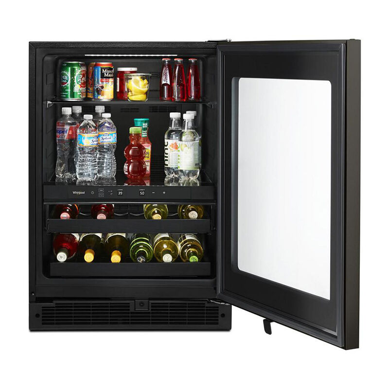 Interior view of the Whirlpool WUB50X24HV beverage center showing wine bottle racks and beverage shelving.