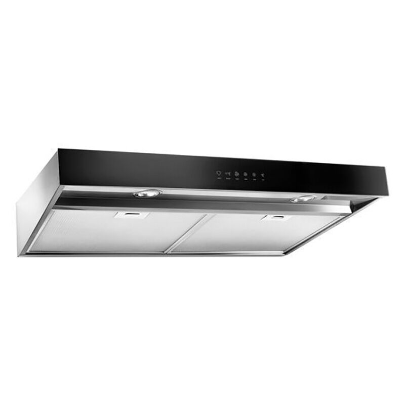 Whirlpool WVU57UC0FS range hood installed under kitchen cabinet showing stainless steel side panels and black glass front.