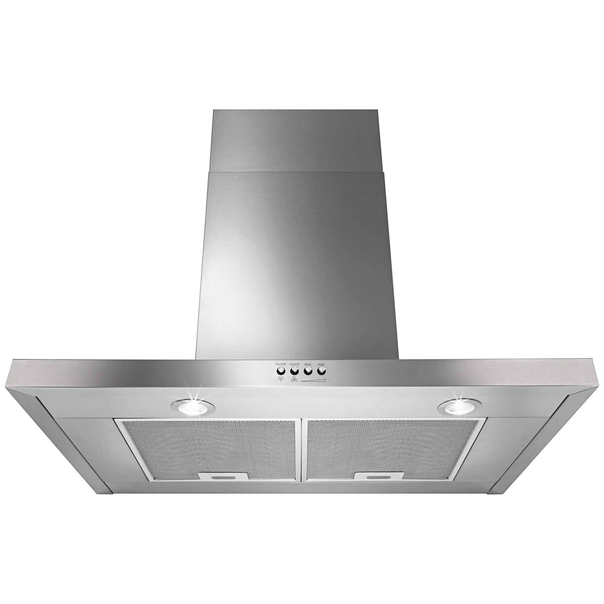 Whirlpool WVW57UC0FS range hood with LED cooktop lighting illuminating the range surface below in a kitchen setting.
