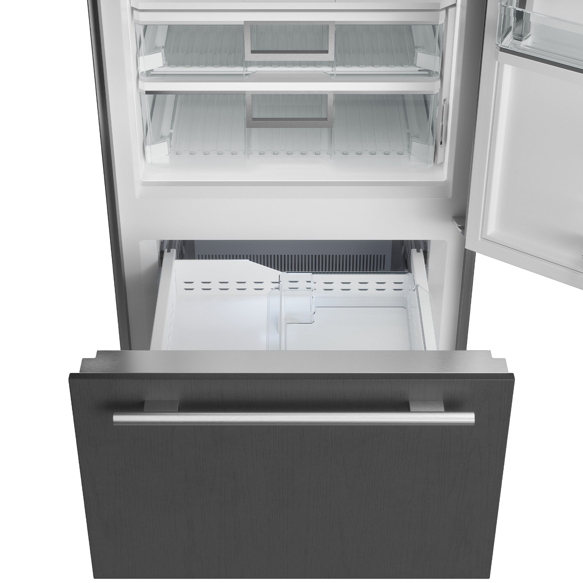 Interior view of Sub-Zero CL3650USPL showing adjustable shelving, crisper drawers, and bottom freezer compartment