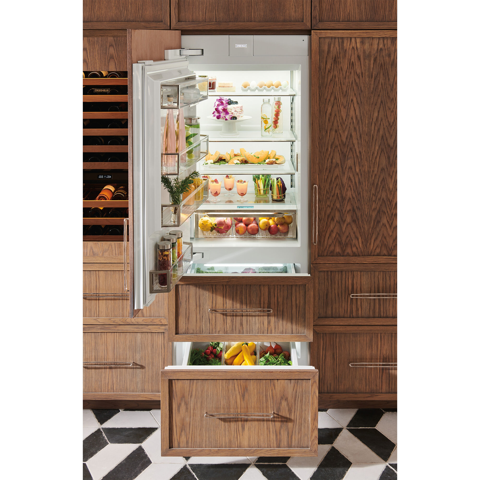 Interior view of Sub-Zero DET3050RID-L showing ClearSight LED lighting, stainless interior accents, and adjustable shelving