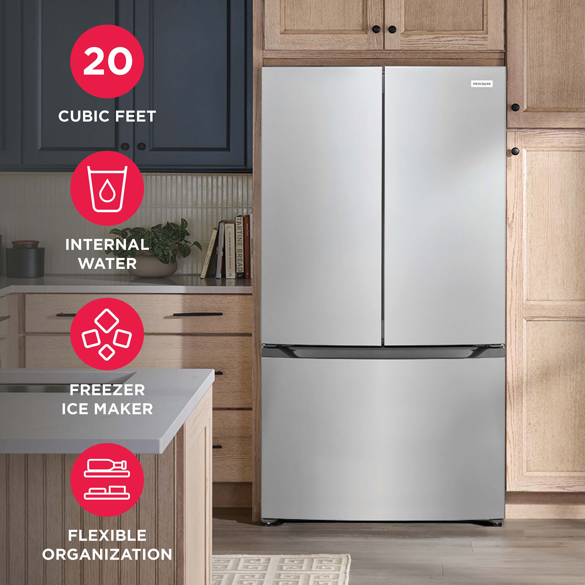 Frigidaire FRFG2011AV counter depth French door refrigerator in stainless steel look finish, installed in a kitchen with wood cabinetry. Callouts highlight four key features: 20 cubic feet of capacity, internal water dispenser, freezer ice maker, and flexible organization.