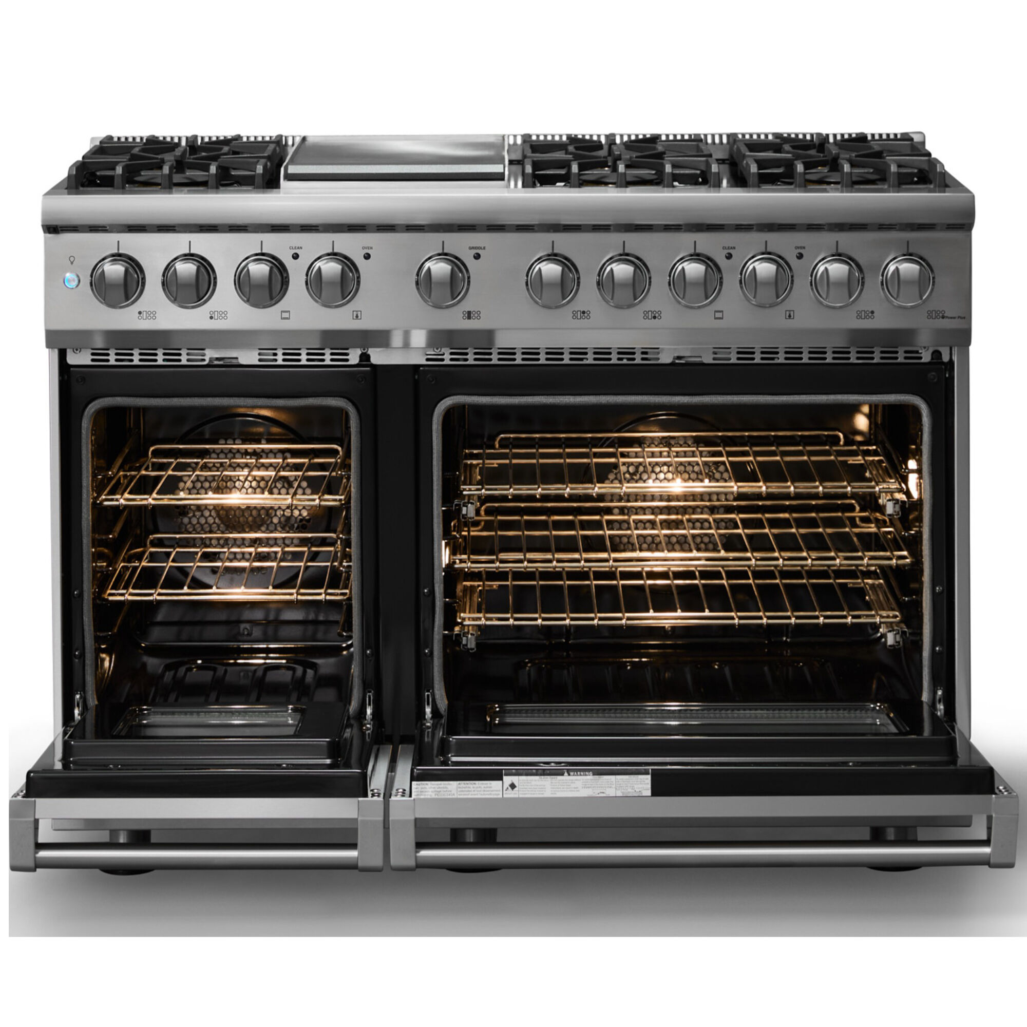 Viking 5 Series 48 in. Dual Fuel Range, Stainless Steel, Liquid Propane, freestanding, front view with both oven doors open displaying interior racks and lighting.