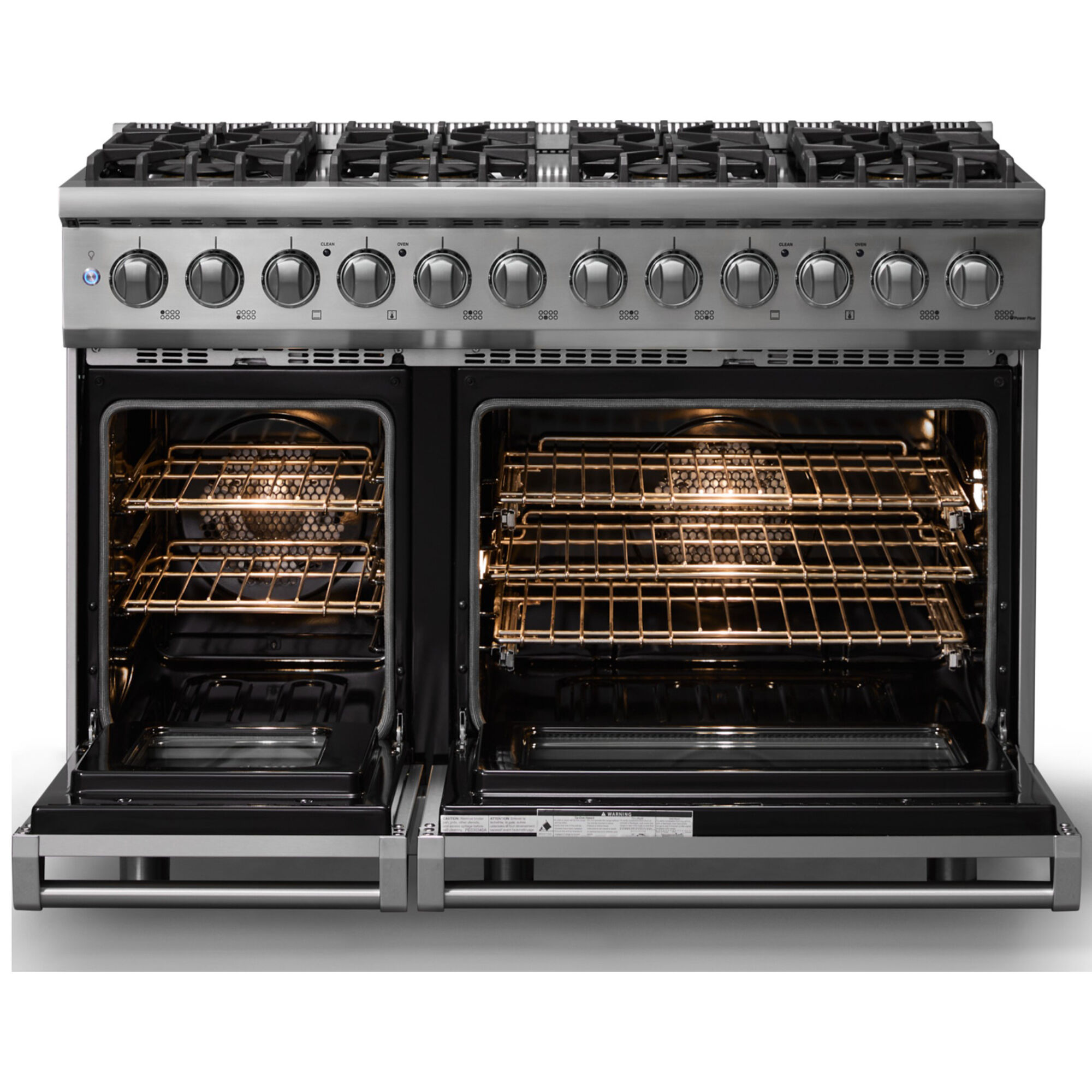 Viking 5 Series 48 in. Dual Fuel Range in Stainless Steel, Liquid Propane, front view with both oven doors open, revealing the oven racks and lighting.