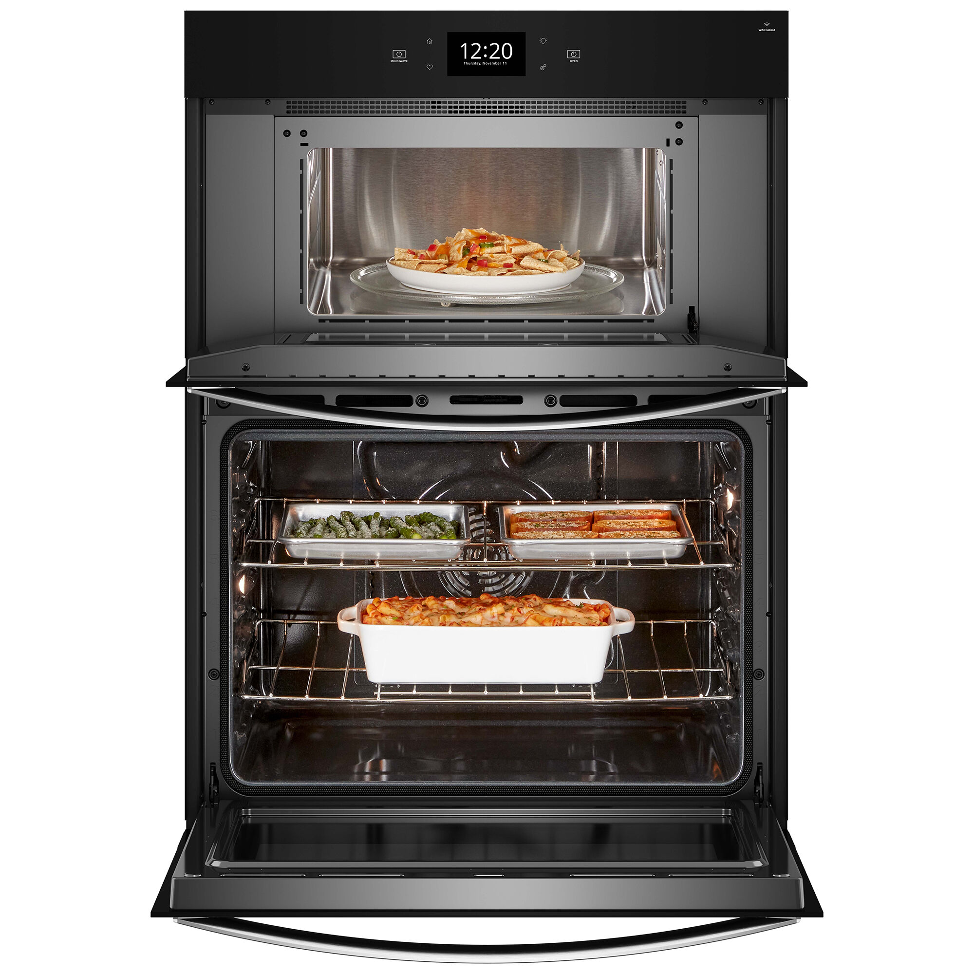 Whirlpool WOEC7027PZ microwave section shown open with interior turntable visible, stainless steel exterior.
