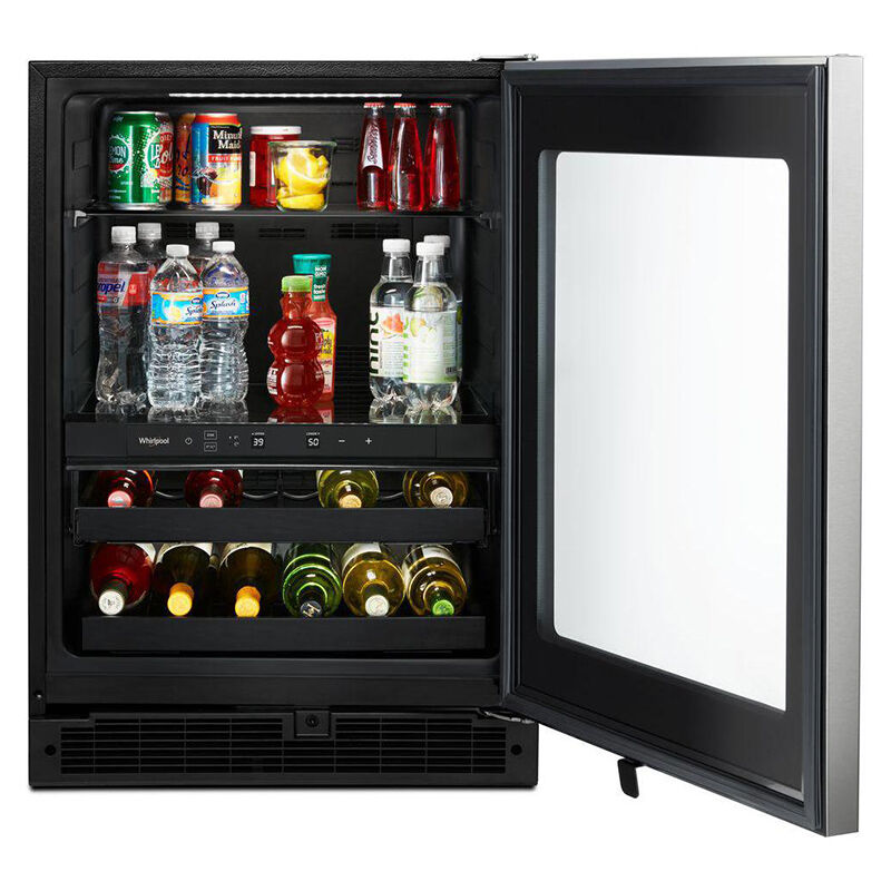 Interior view of Whirlpool WUB50X24HZ beverage center showing wine bottle storage racks and beverage shelves.