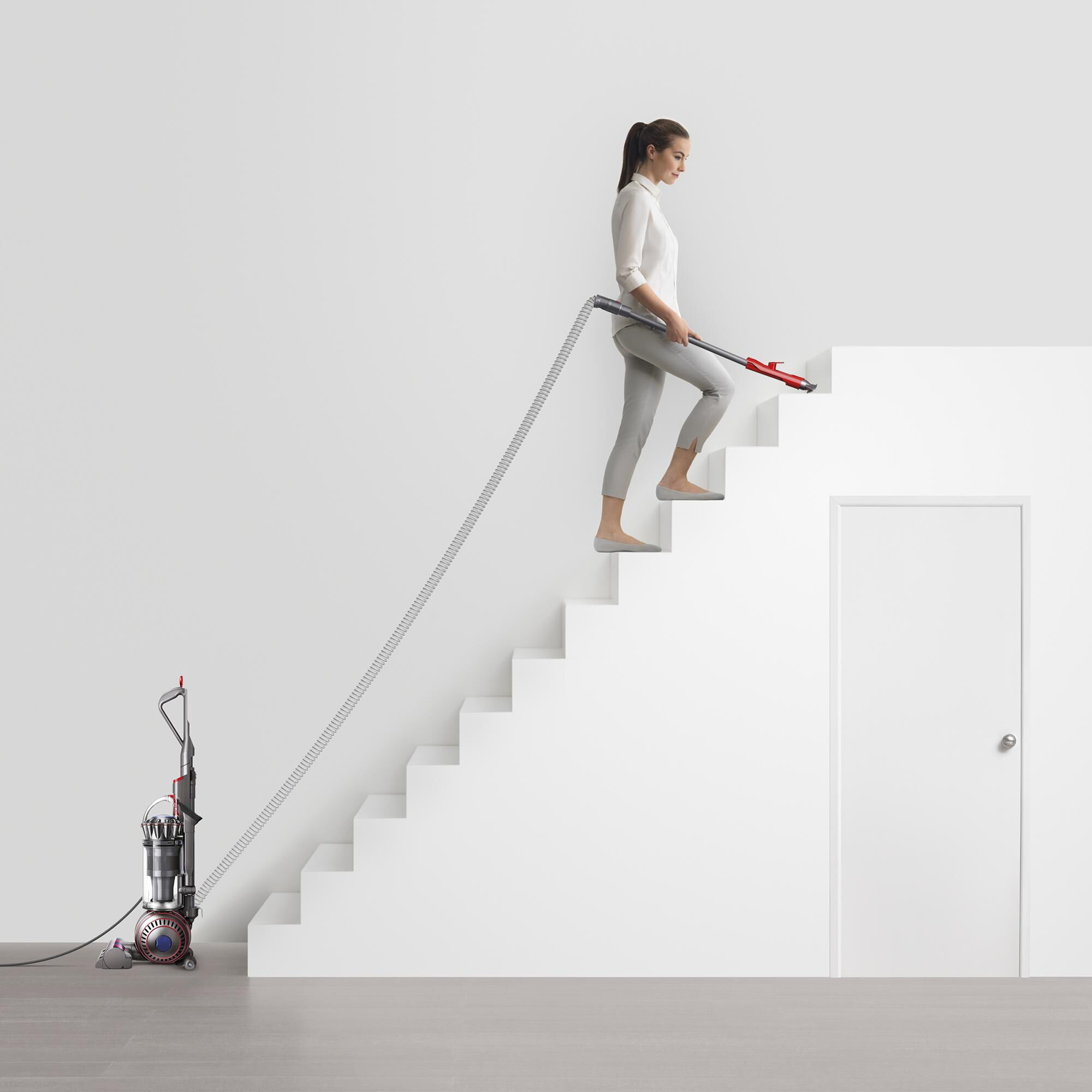 Dyson Ball Animal 3 being used on a staircase with the extended hose stretched to reach each step, demonstrating the 15ft hose and 50ft total reach capability.
