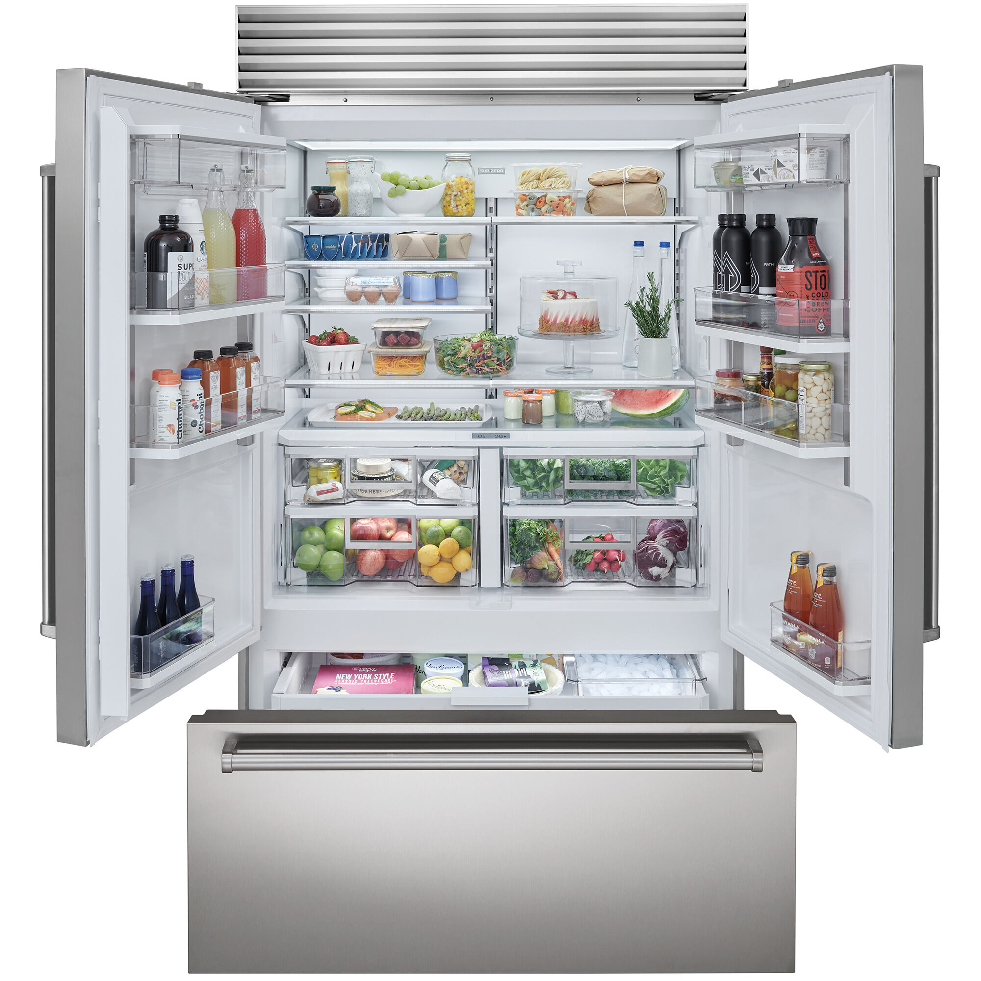Interior view of Sub-Zero CL485UFDIDST showing ClearSight LED lighting and spacious French door shelving