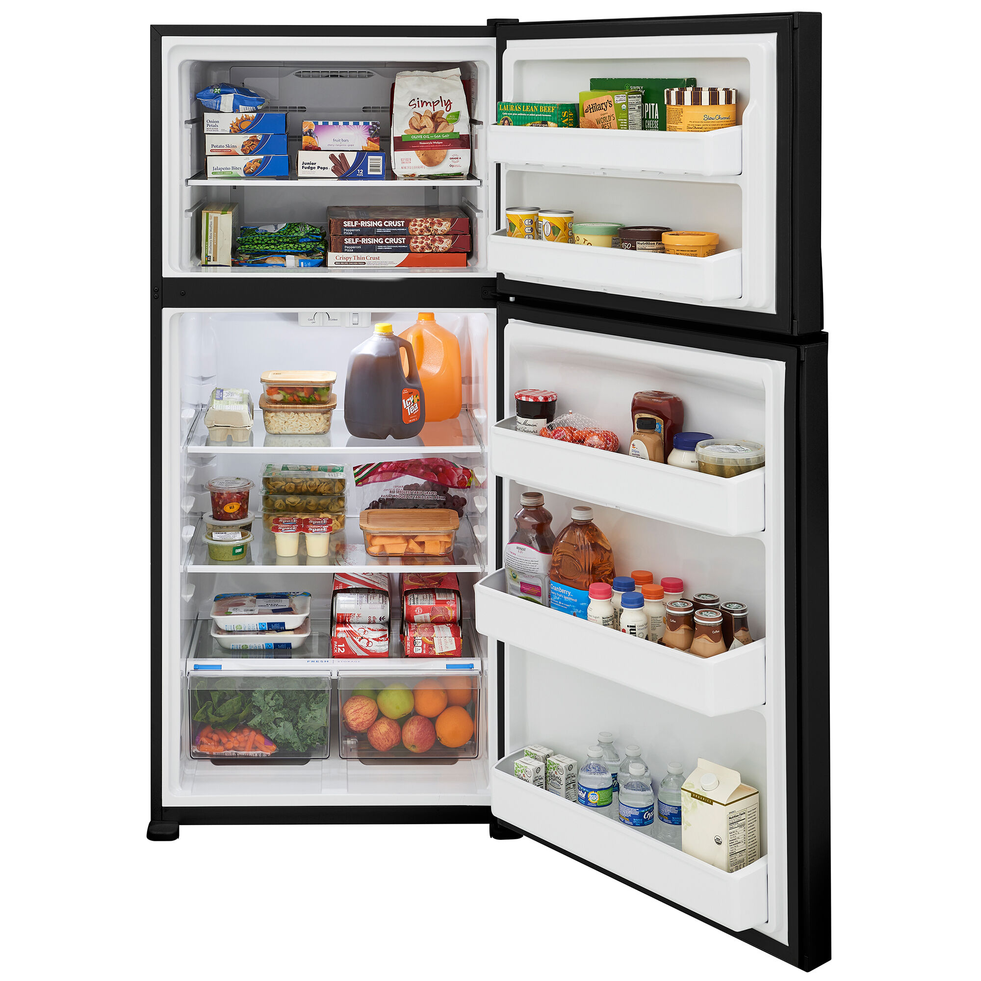 Interior view of FFHT2022AB showing adjustable glass shelves, door bins, and freezer capacity.