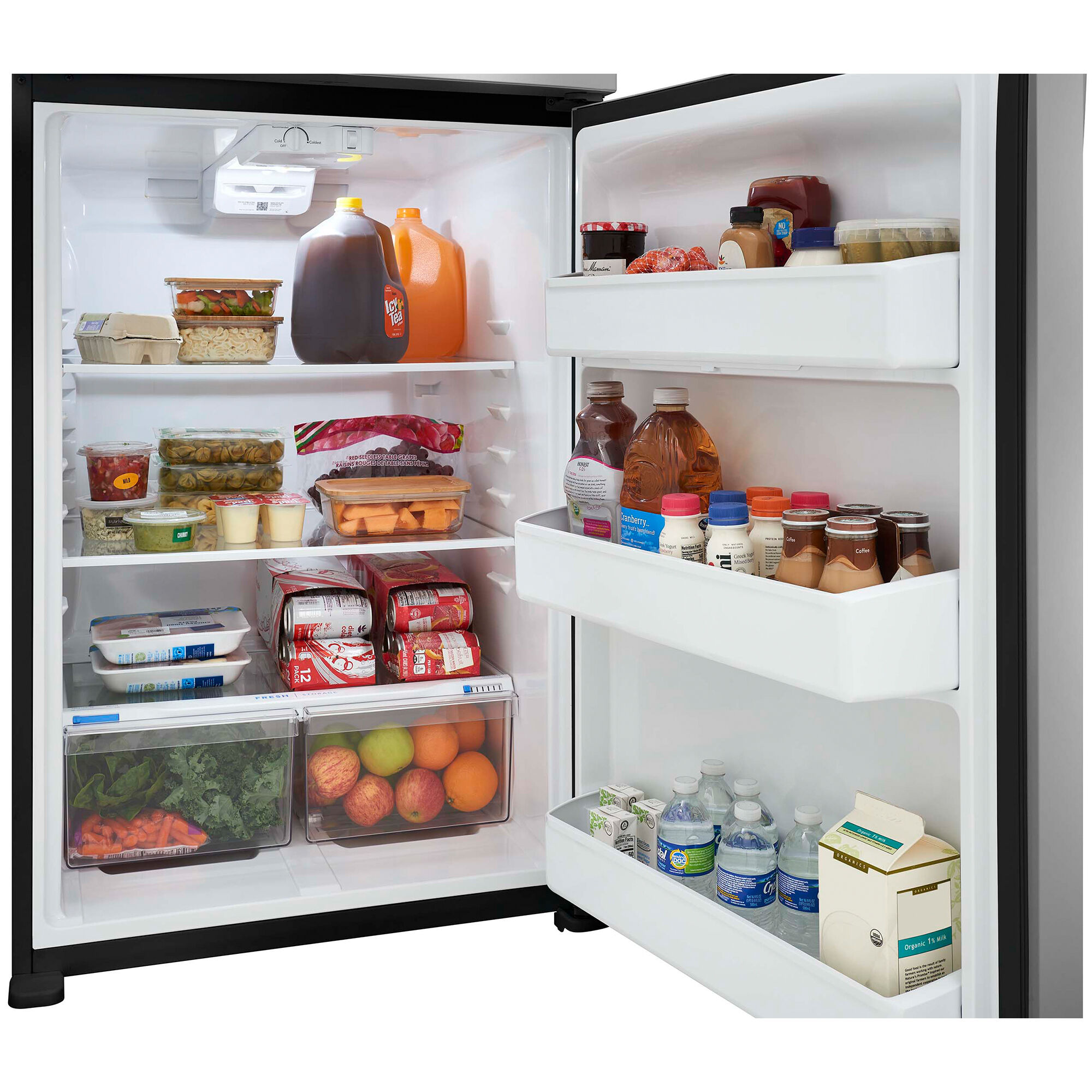 Interior view of FFHT2022AB showing adjustable glass shelves, door bins, and freezer capacity.