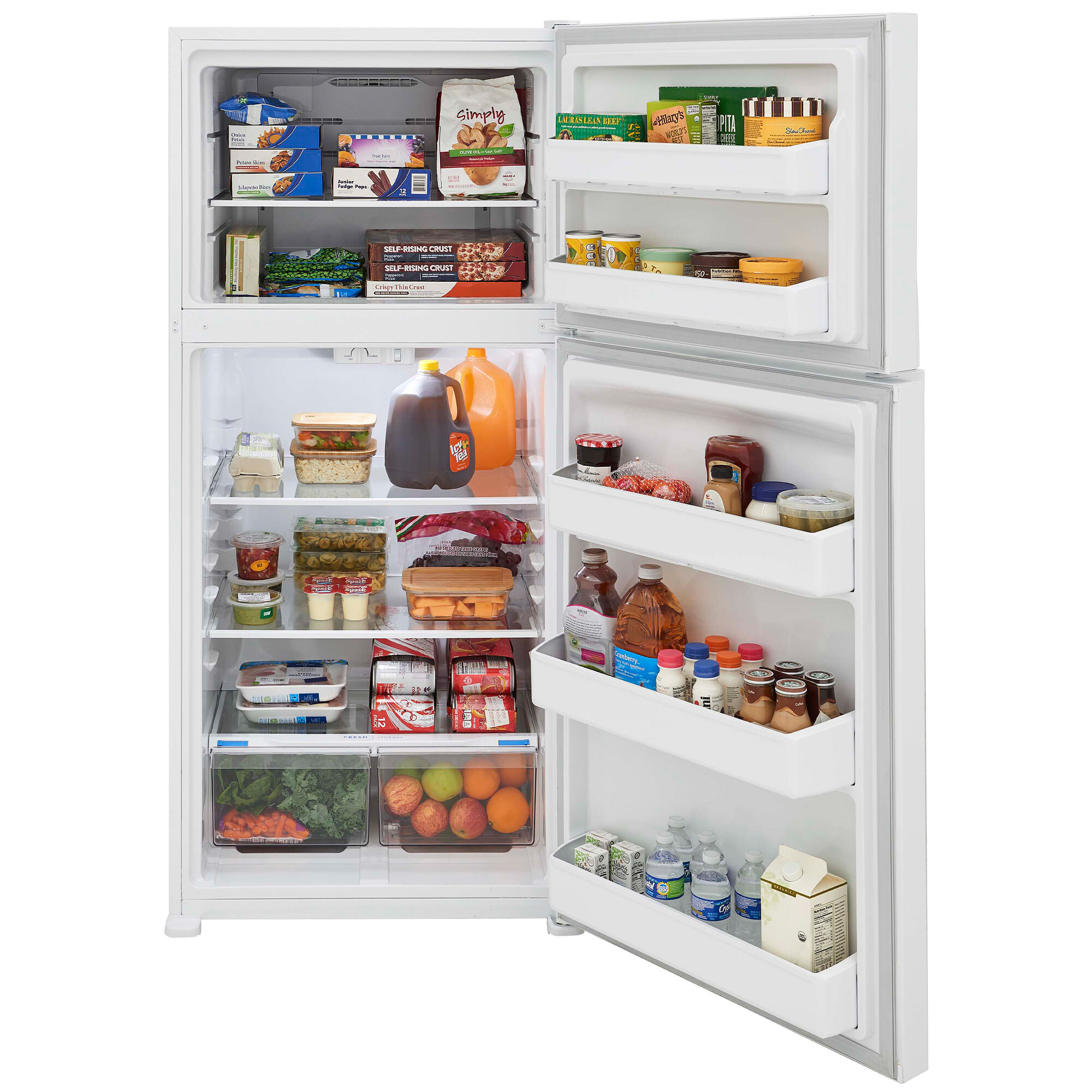 Interior view of FFHT2022AW showing adjustable glass shelves, door bins, and freezer capacity.