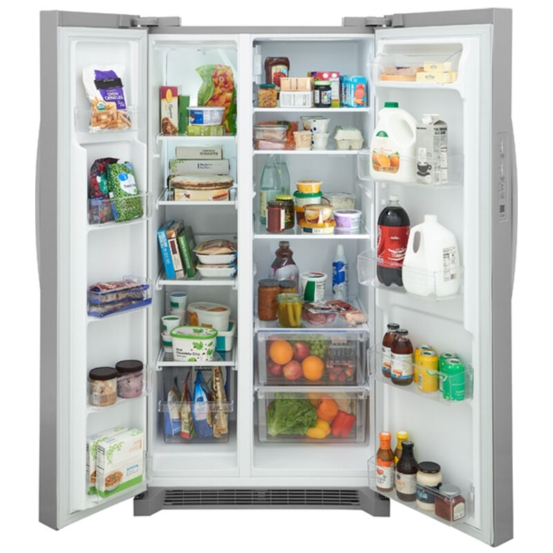 Interior view of FRSN2610AF showing adjustable shelves, door bins, and LED lighting