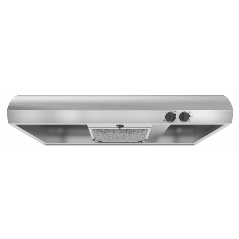 Underside view of the Whirlpool UXT4236ADS range hood showing fan and light controls.