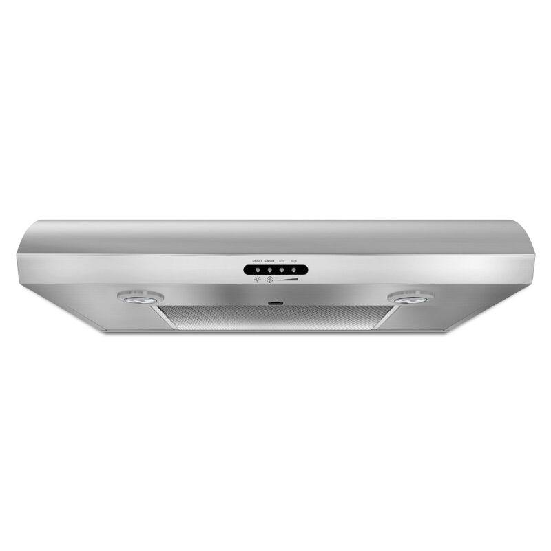 Whirlpool UXT5230BDS 30-inch stainless steel undercabinet range hood shown on a white background.