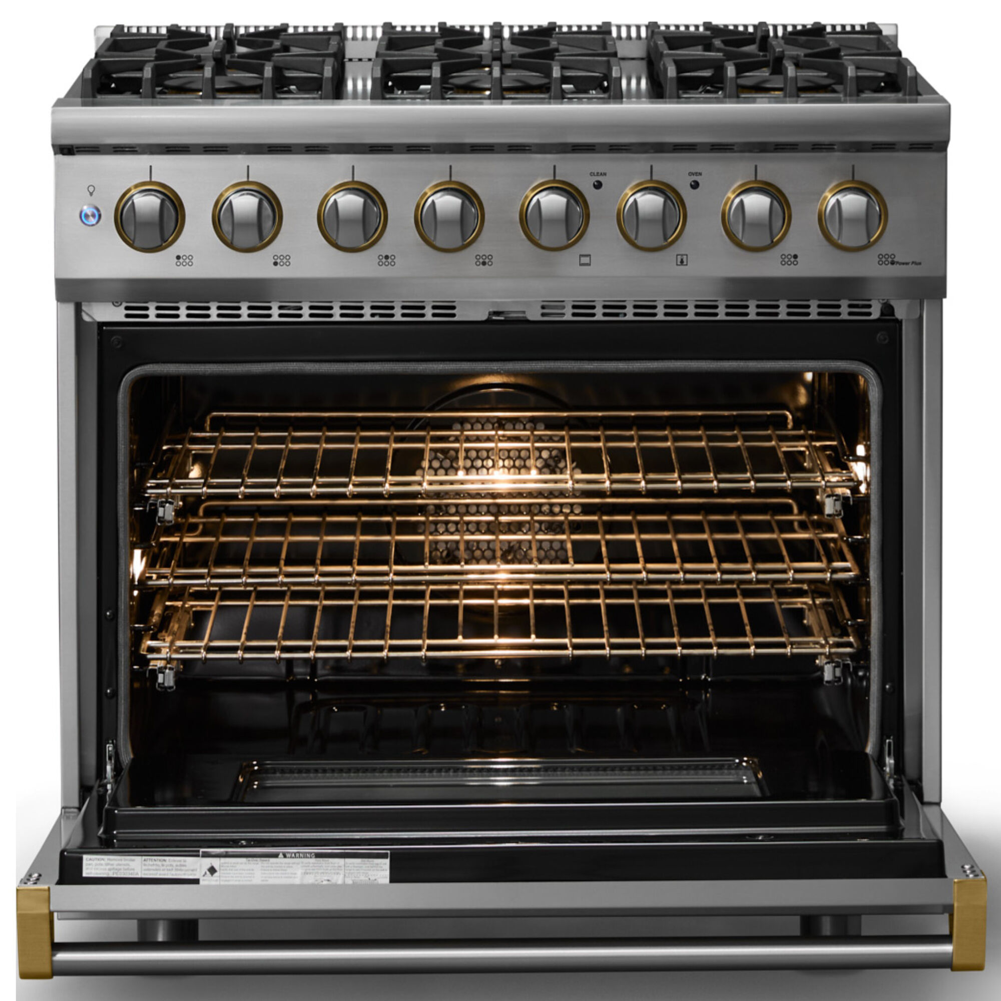 Viking 5 Series 36 in. Dual Fuel Range, Stainless Steel with Brushed Brass Trim, freestanding, front view