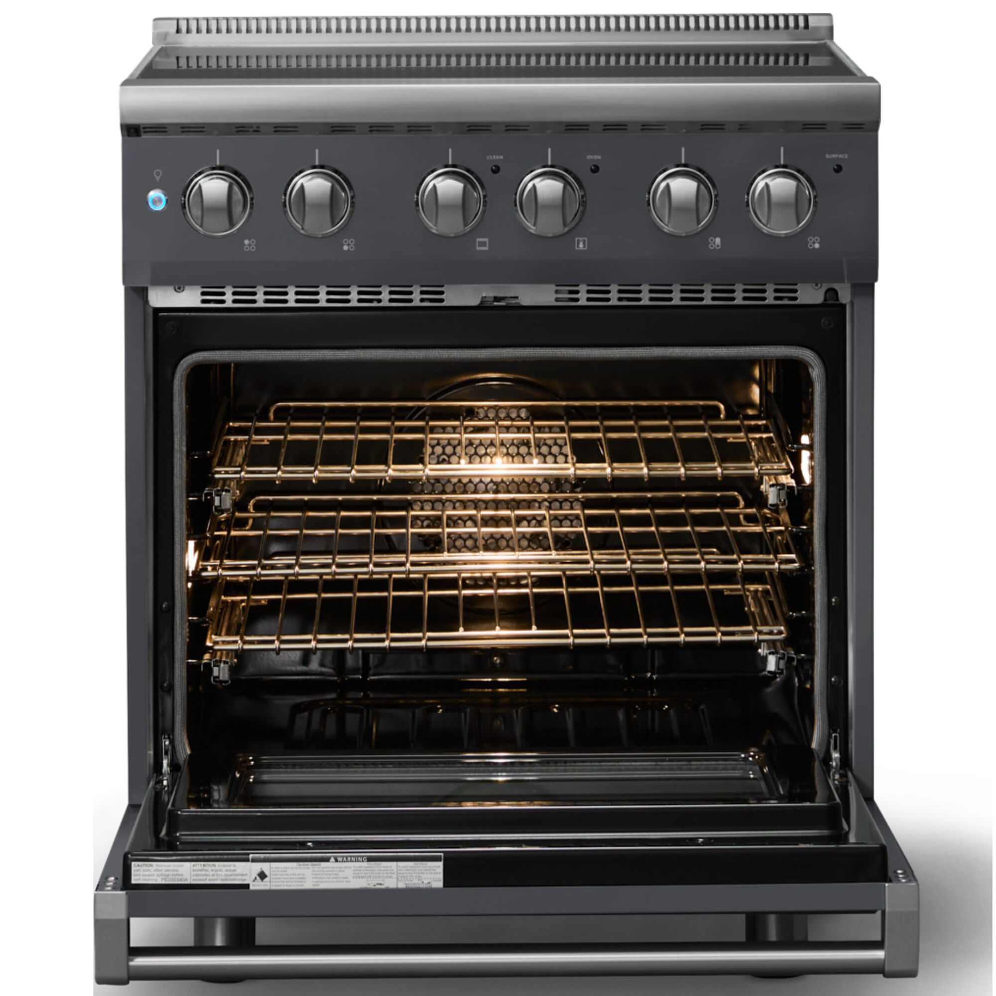 Viking 5 Series 30 in. Electric Range in Cast Black with Polished Chrome Trim, front view with oven door open displaying racks and lighting interior.