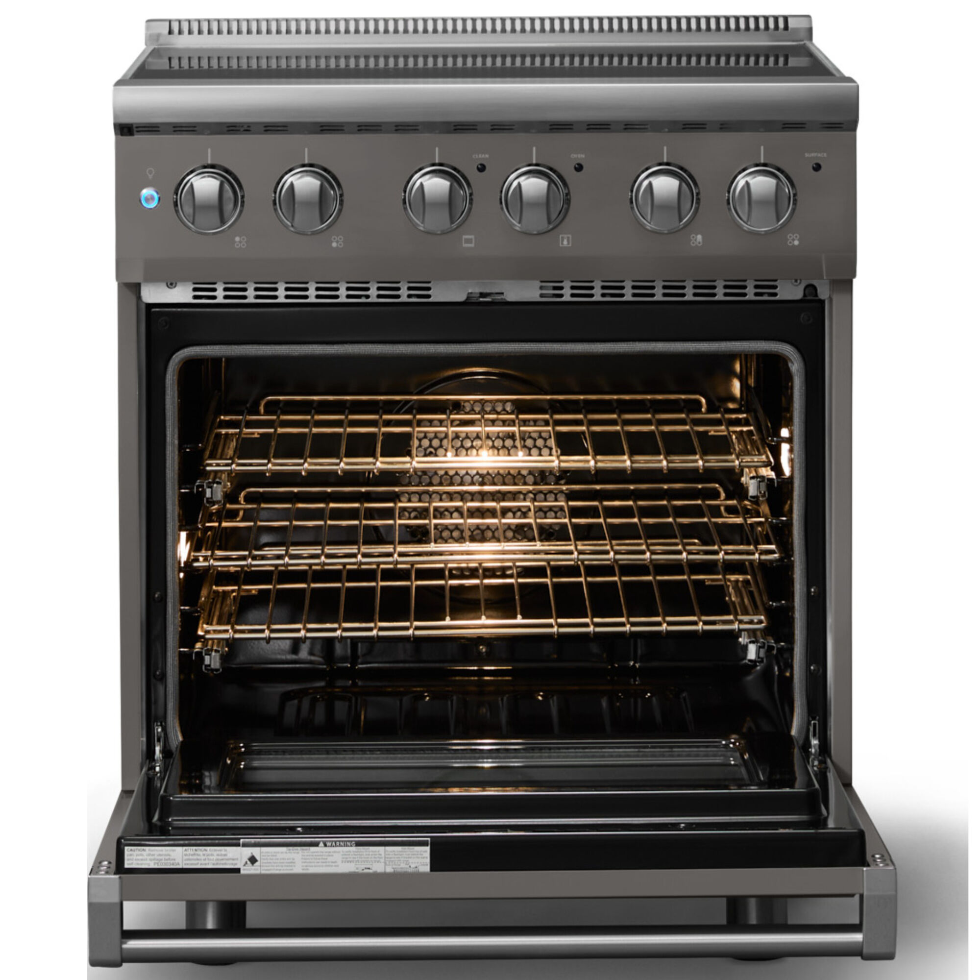 Viking 5 Series 30 in. Electric Range in Damascus Gray with Polished Chrome Trim, front view with oven door opening showing interior lighting and racks.