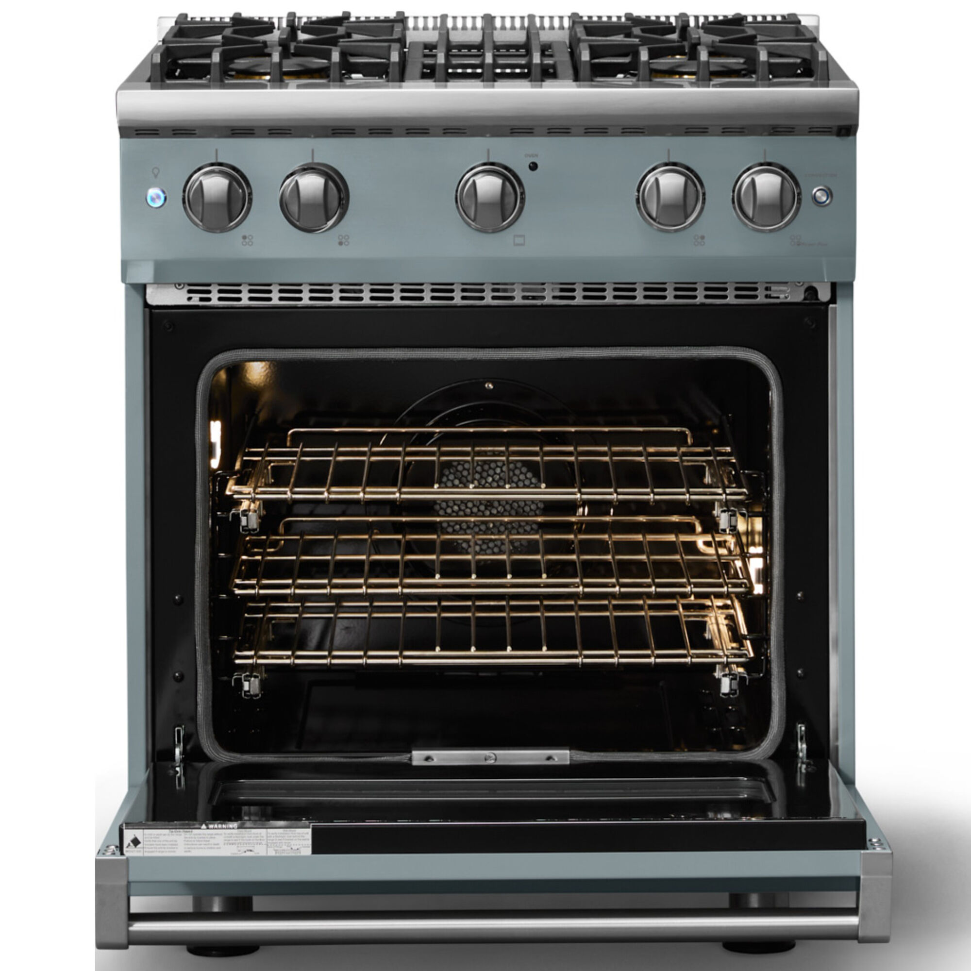 Viking 5 Series 30 in. Gas Range VGR53044BNS in November Sky with Polished Chrome Trim, front view showing oven door open and displaying interior.