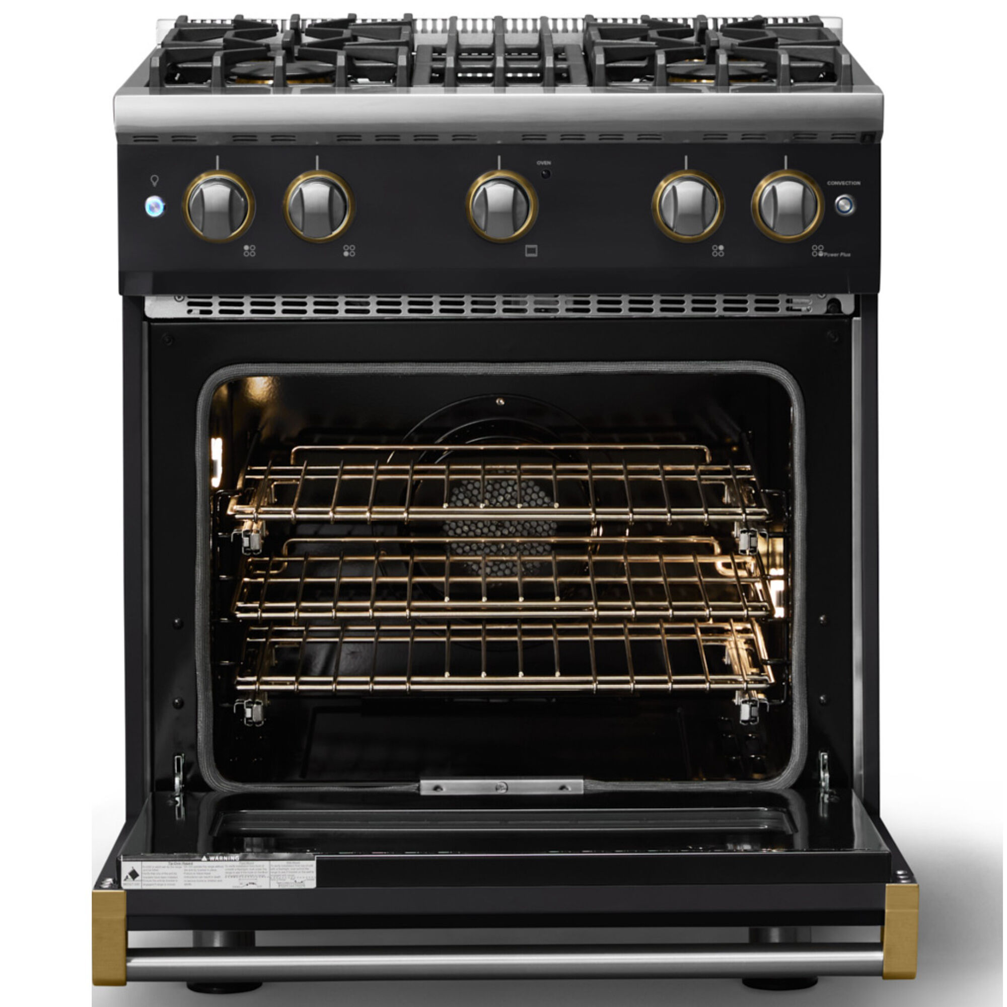 Viking 5 Series 30 in. Gas Range in Onyx with Brushed Brass Trim, front view with oven door open displaying interior racks and lighting.