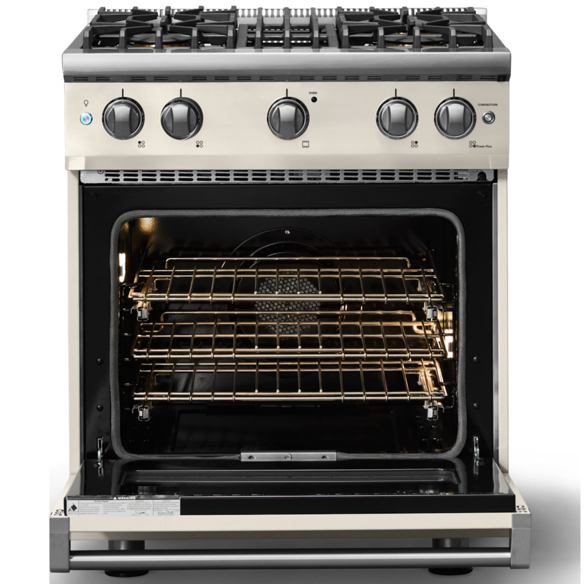 Viking 5 Series 30 in. Liquid Propane Gas Range in Pure White with Polished Chrome Trim, front view with oven door open showing interior racks and lighting.