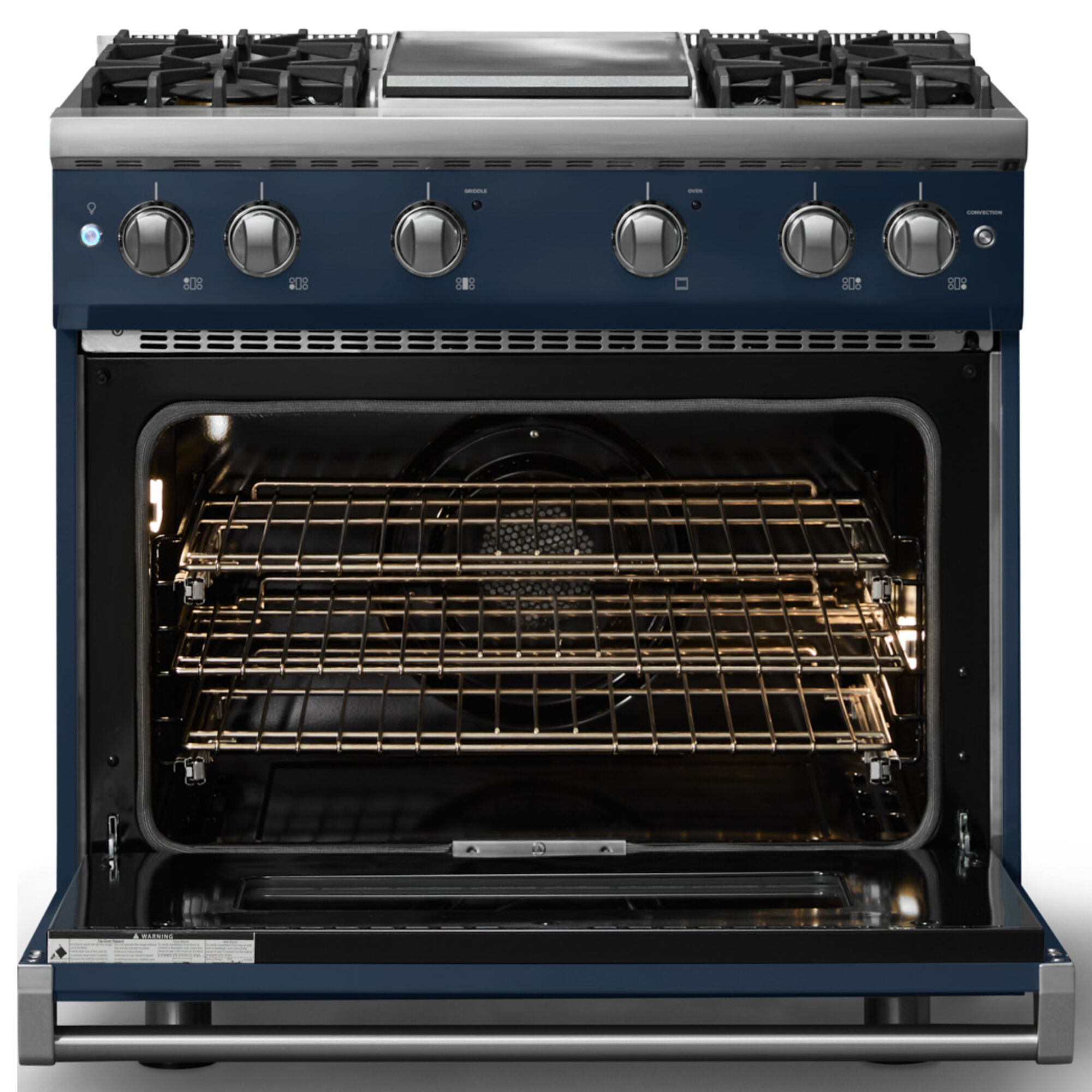Viking 5 Series 36 in. Gas Range in Slate Blue with 4 sealed burners and griddle, front view with oven door open displaying interior lighting and racks.