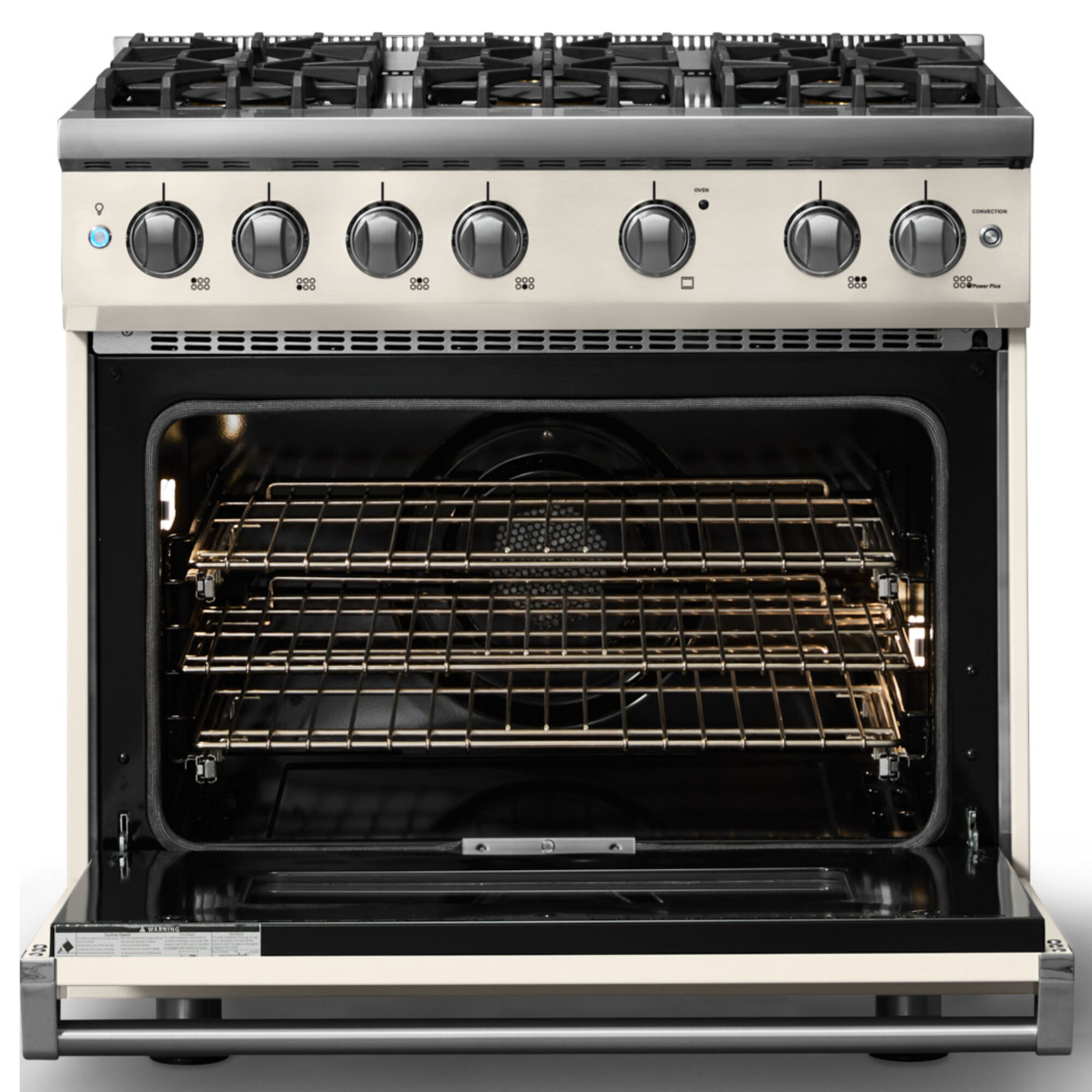 Viking 5 Series 36 in. Gas Range VGR53646BPW in Pure White, front view with oven door open and revealing interior racks and lighting.