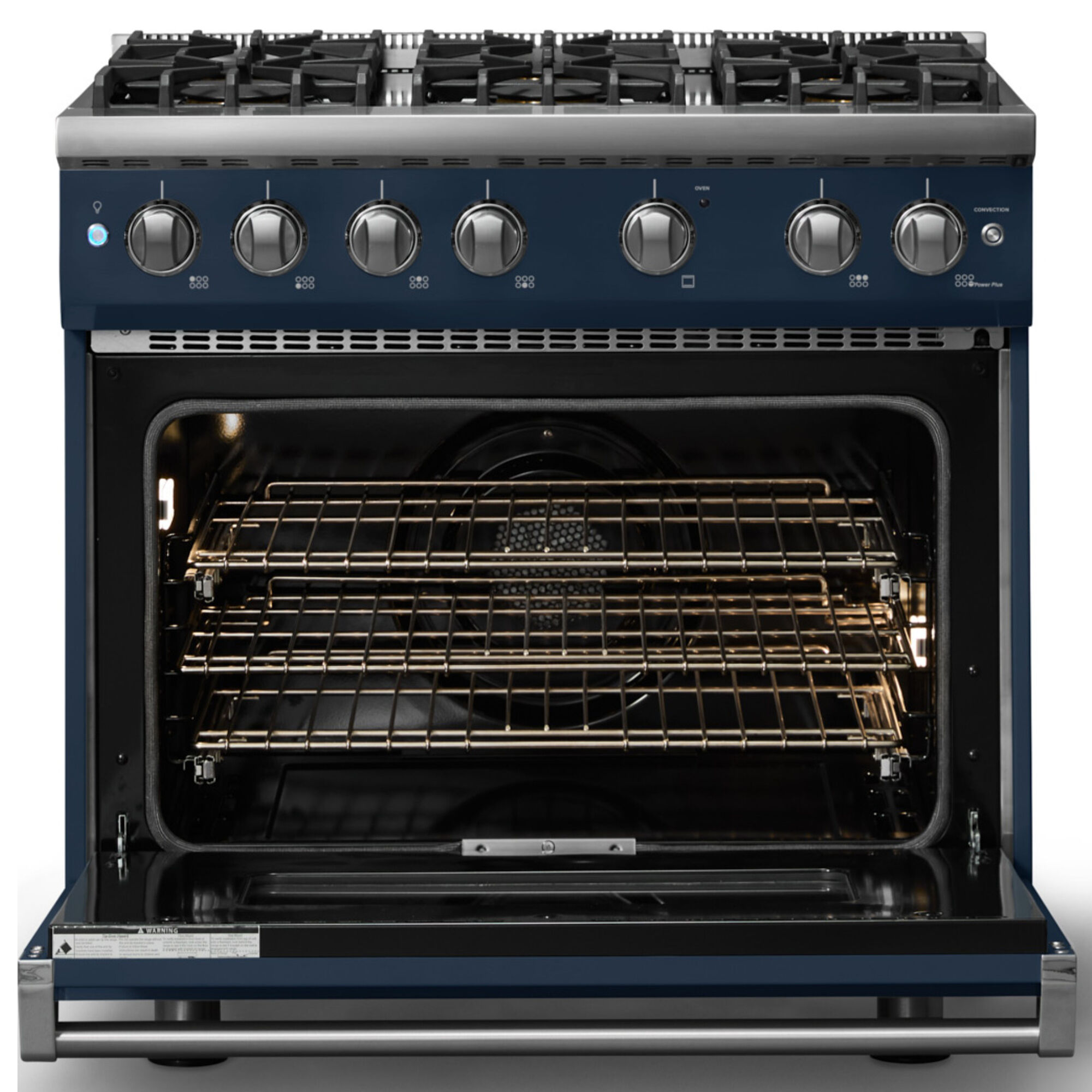 Viking 5 Series 36 in. Gas Range VGR53646BSB in Slate Blue, front view with oven door open revealing interior racks and lighting.