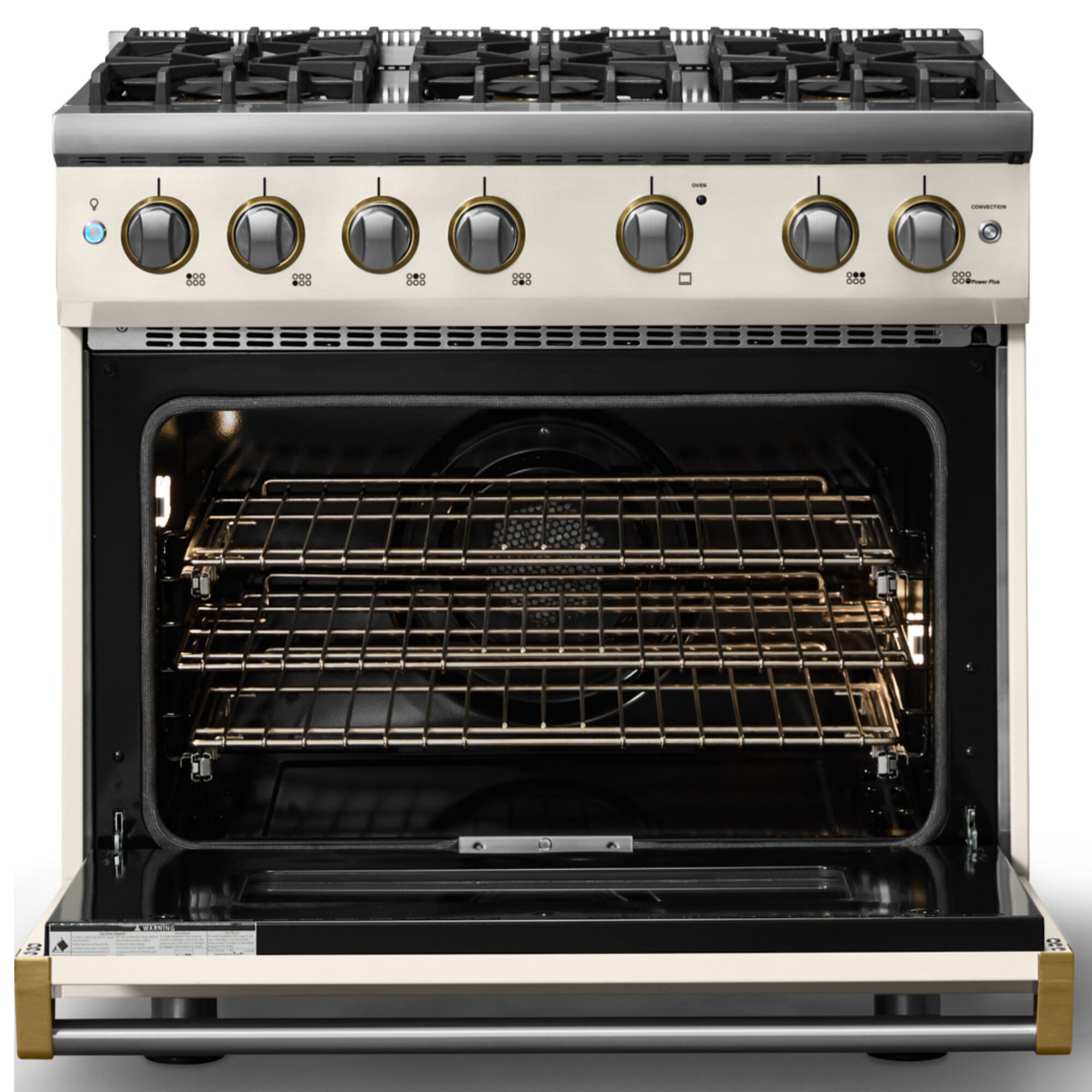 Viking 5 Series 36 in. Liquid Propane Gas Range VGR53646PWBL in Pure White with Brushed Brass Trim, front view with oven door open revealing interior racks and lighting.