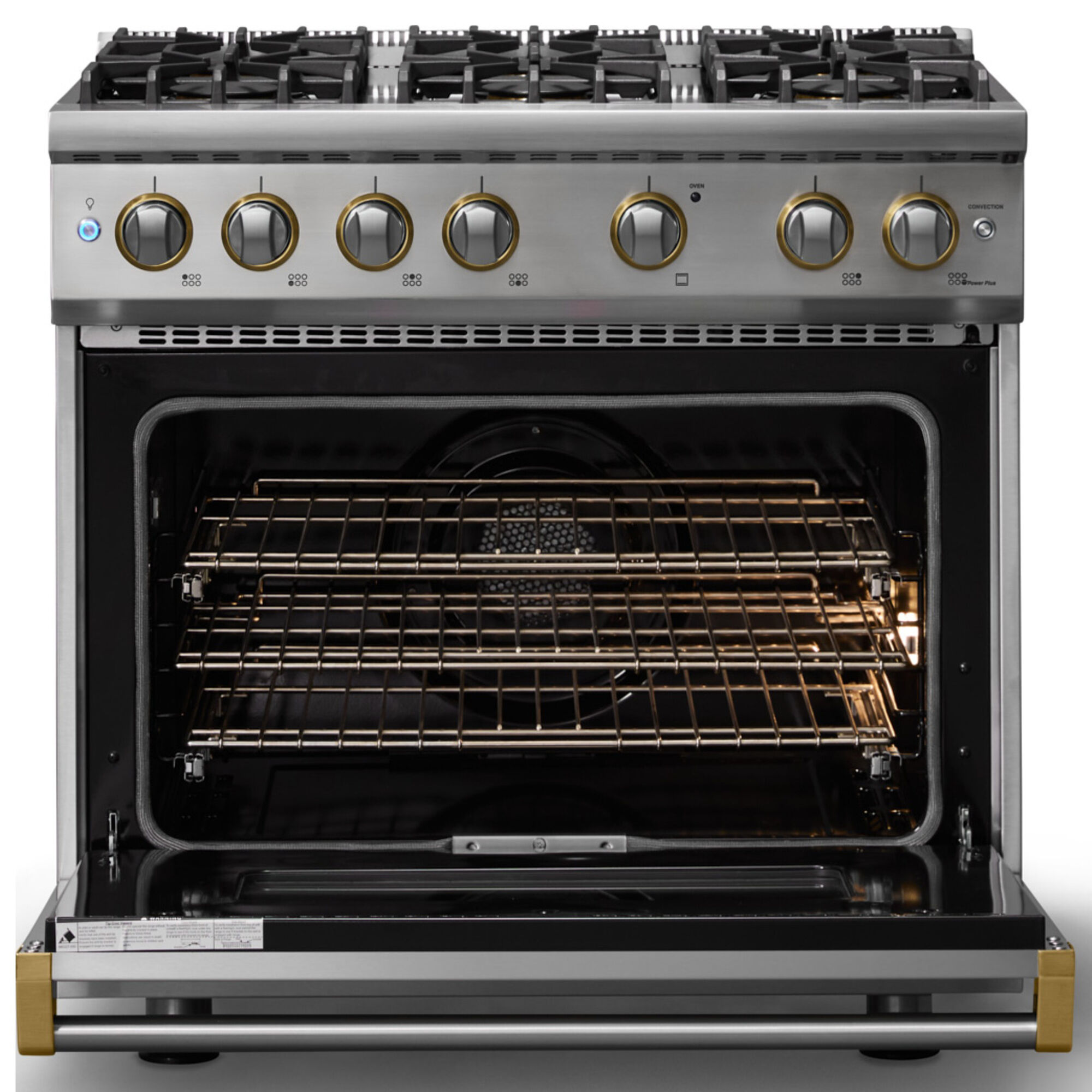 Viking 5 Series 36 in. Liquid Propane Gas Range VGR53646SSBL in Stainless Steel with Brushed Brass Trim, front view with oven door open revealing interior racks and lighting.